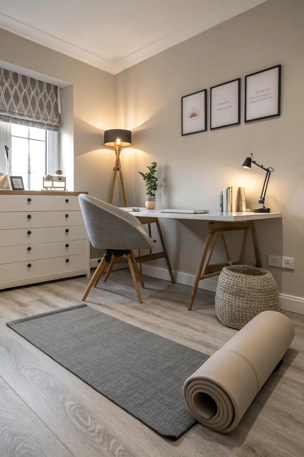 Neutral shades encourage a relaxing and balanced environment in your office gym.