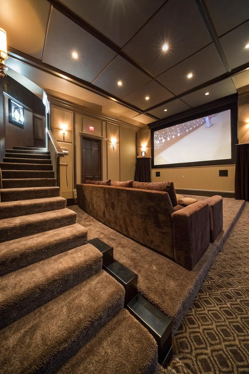 A lush carpet elevates comfort and refines acoustics inside your movie room.