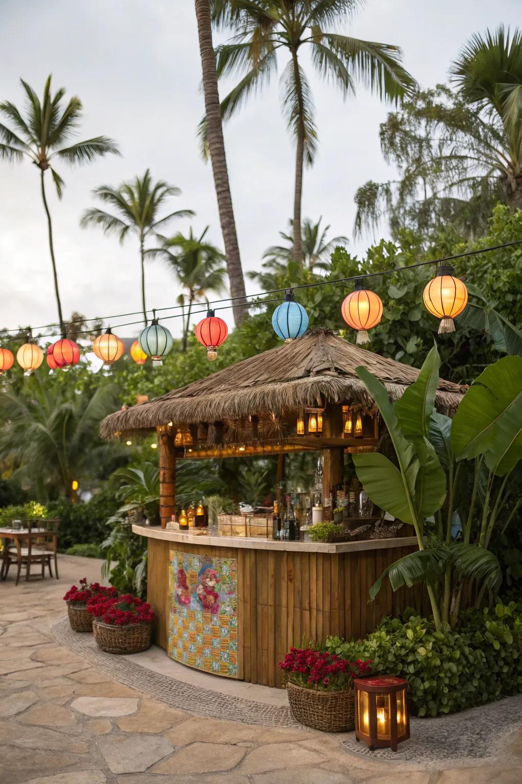 Abundant greenery complements the tropical motif.