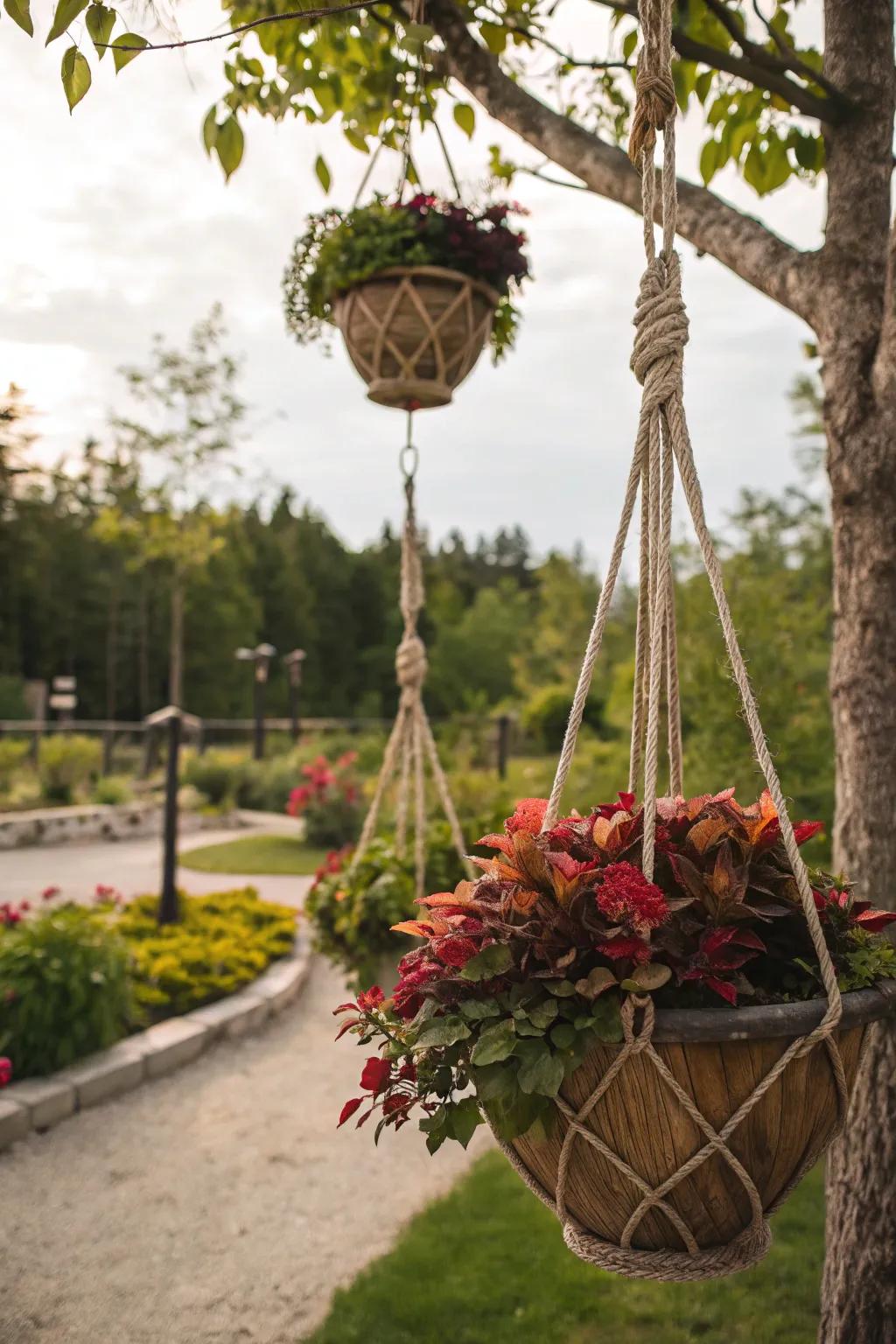 Rope planters give your garden a vertical element.