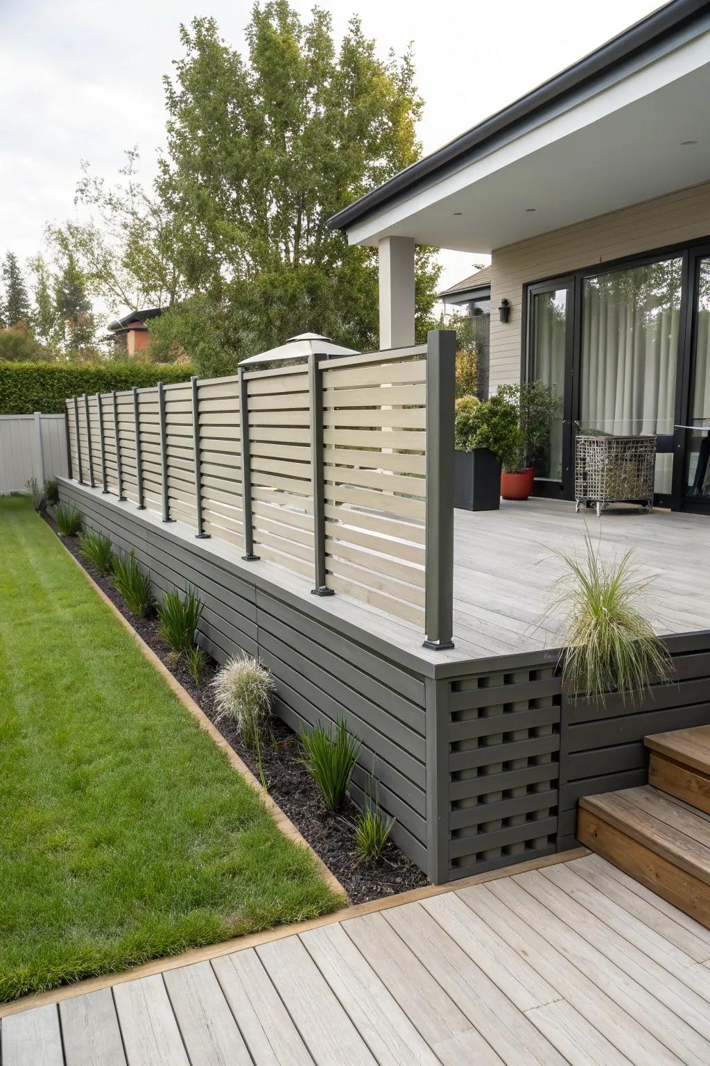 Variable slats deepen the visual complexity of the skirting design.