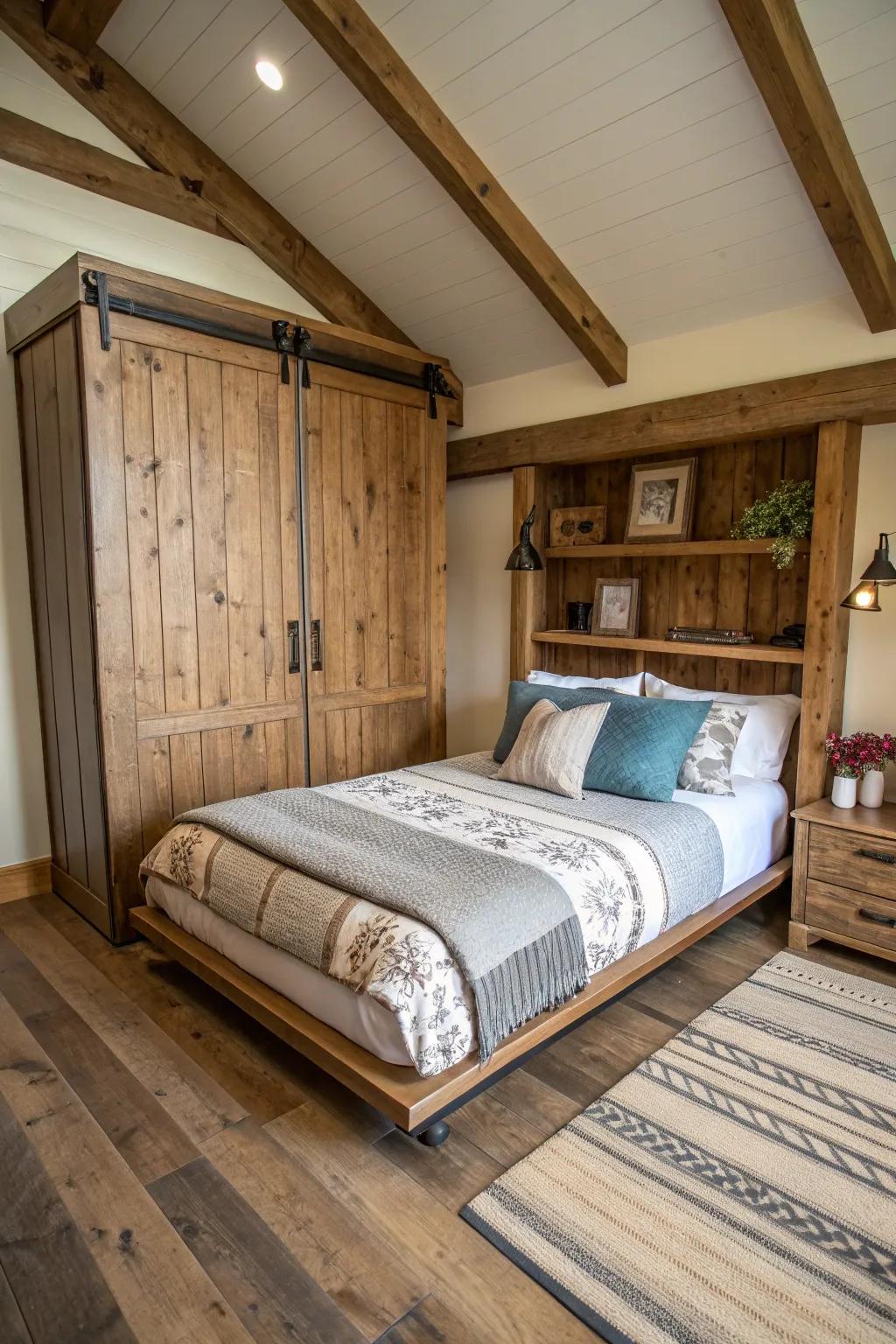 Country charm in a modern setting with a wooden foldaway bed, adding personality to the room.