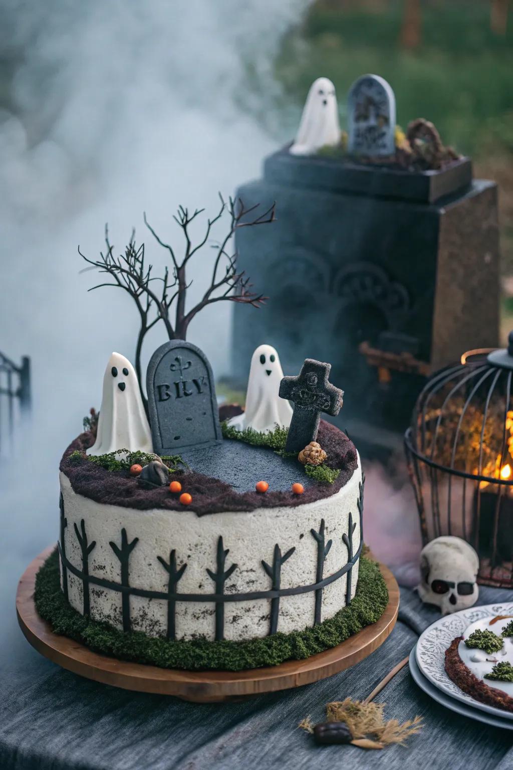 A graveyard cake that is frighteningly tasty.