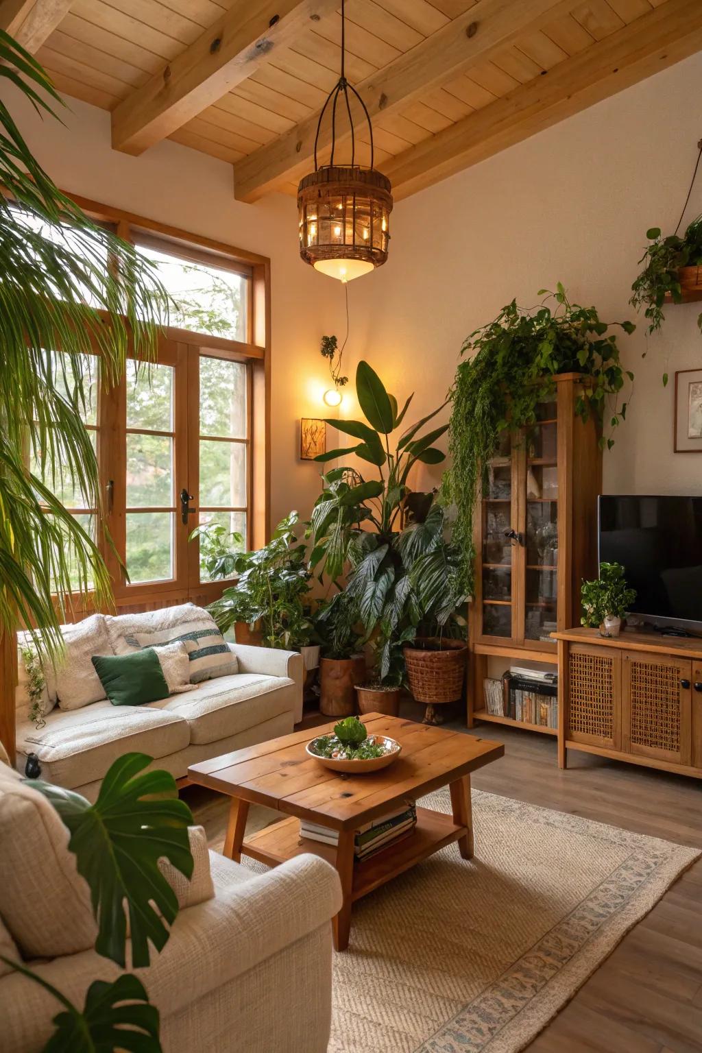 A serene living area showcasing natural elements and greenery.