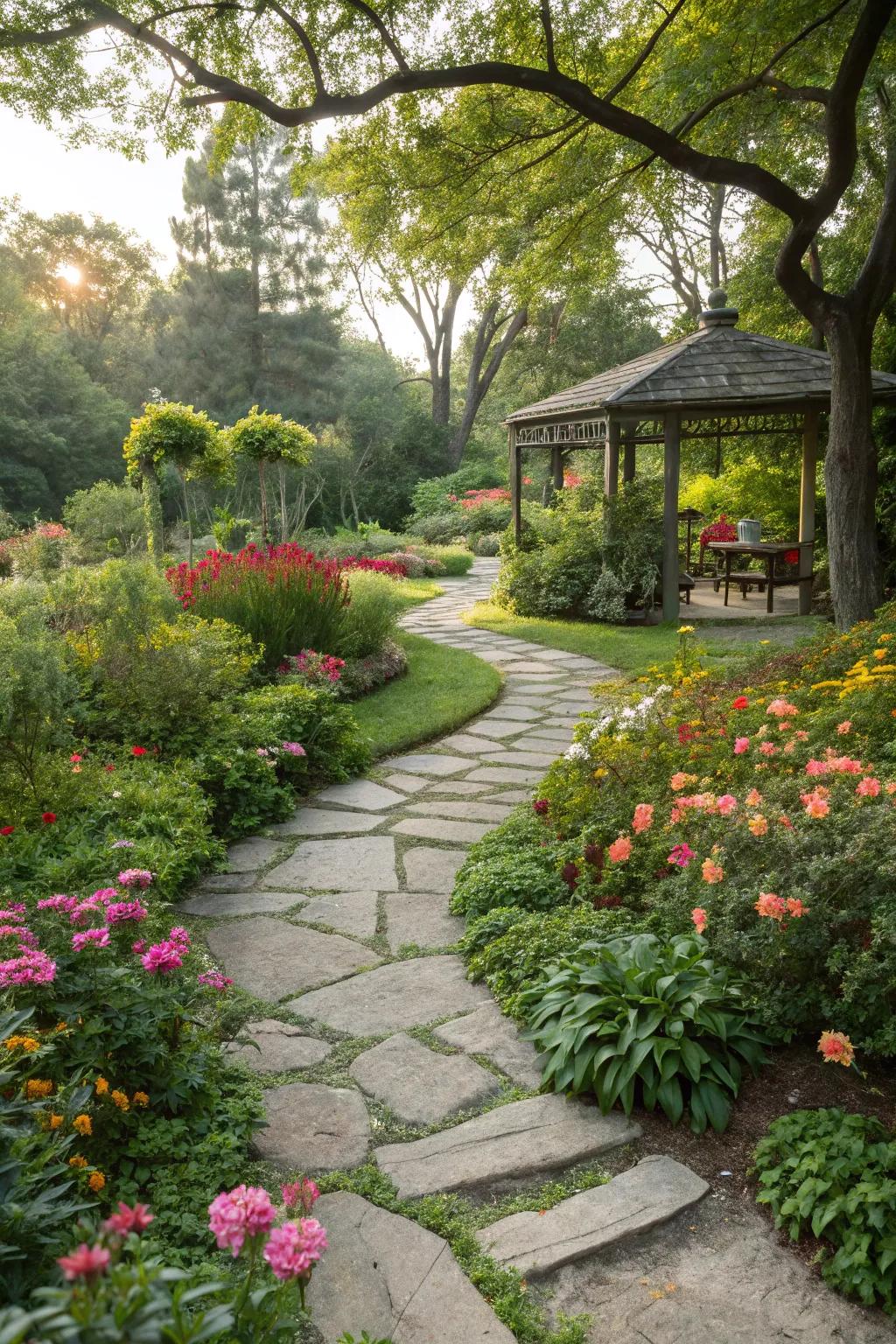 A garden superbly incorporated with stone landscaping.