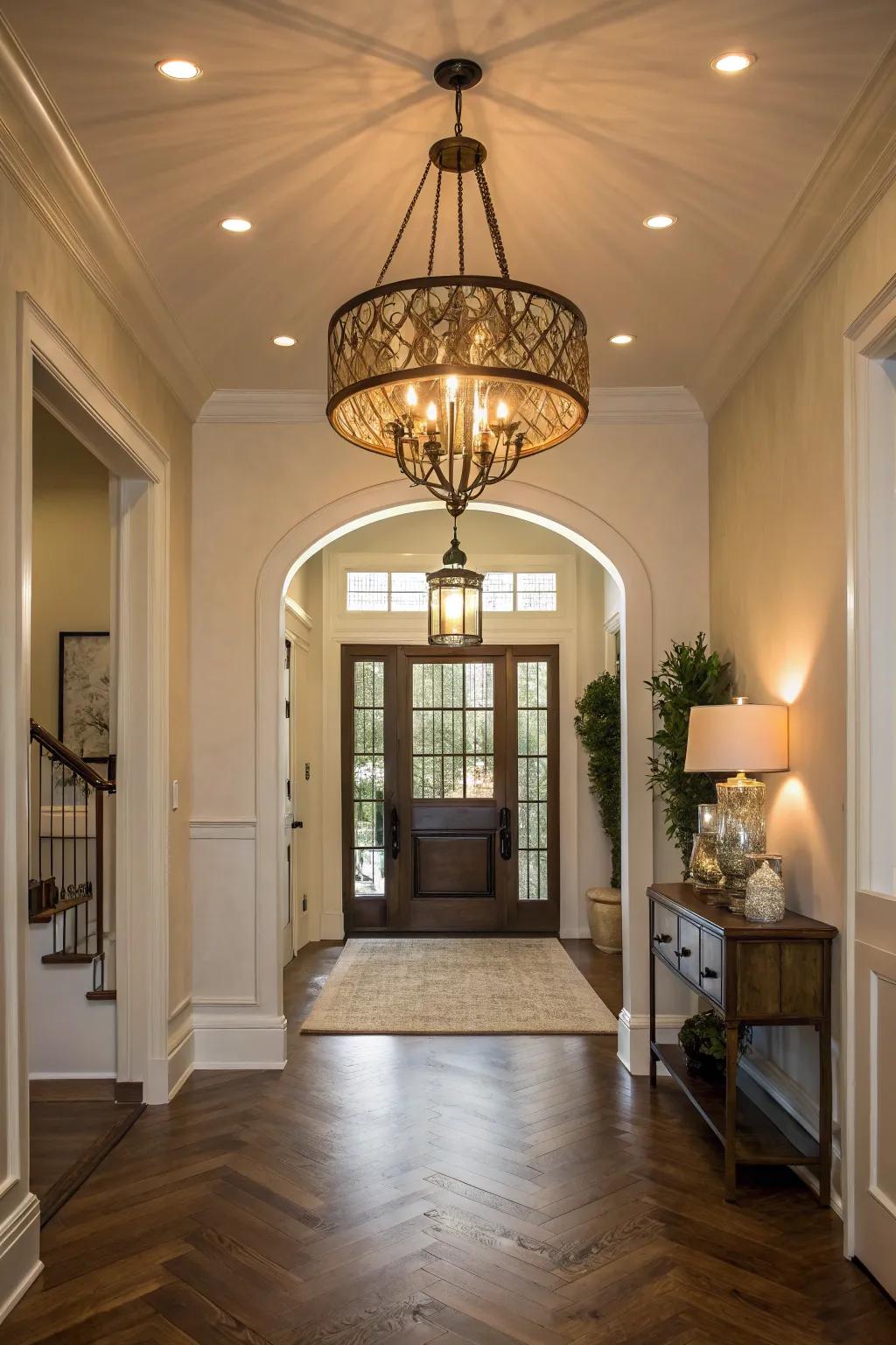 A statement lighting fixture boosts the entryway's vibe.