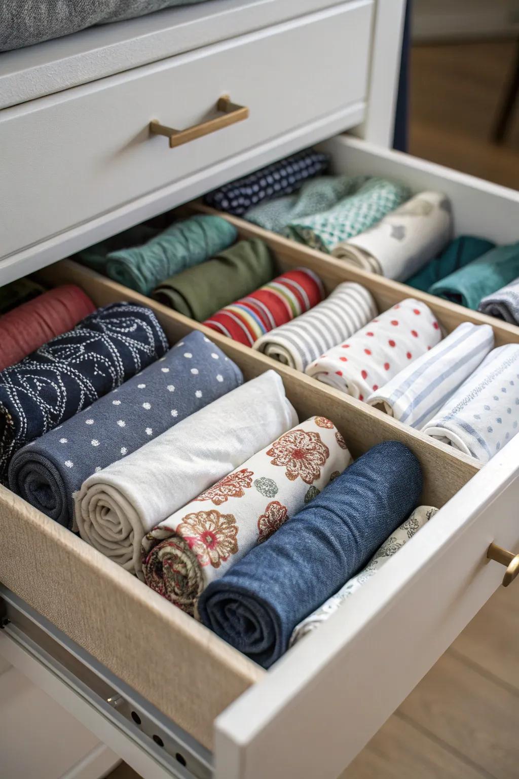 Clustered clothing maximizes drawer occupancy and lessens wrinkles.