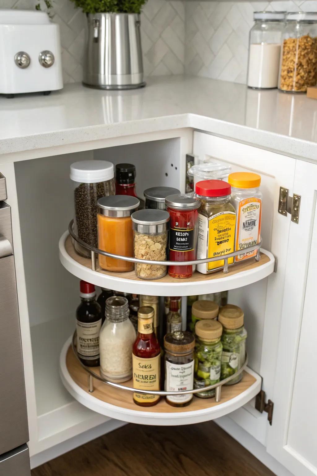A Lazy Susan makes accessing items in deep cabinets simple.