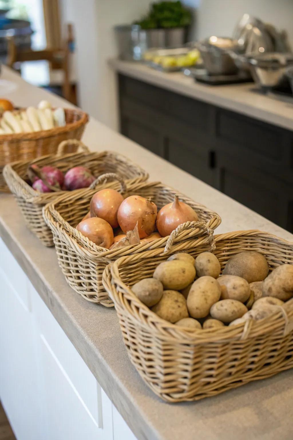 Osier containers impart a rustic allure to your kitchen while providing proper storage conditions.