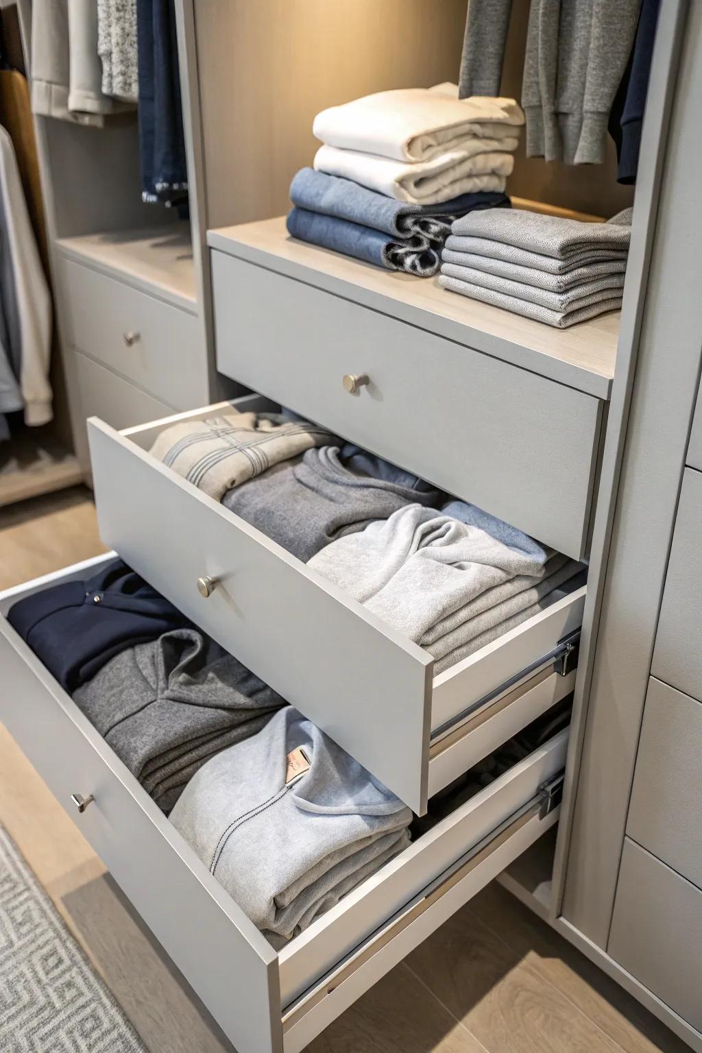 Drawers offer tucked-away storage for quick access.