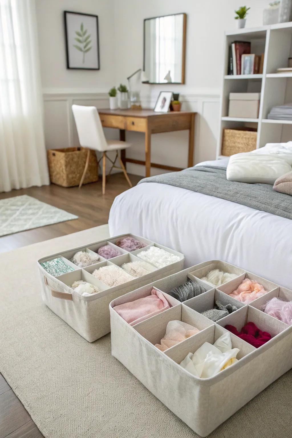 Under-bed storage maintains tissue paper flat and out of sight.