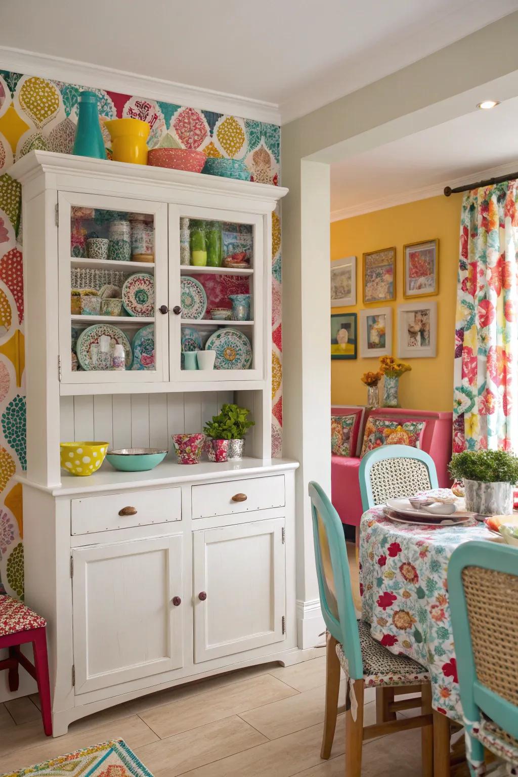 The patterned lining gives a playful vibe to this hutch.