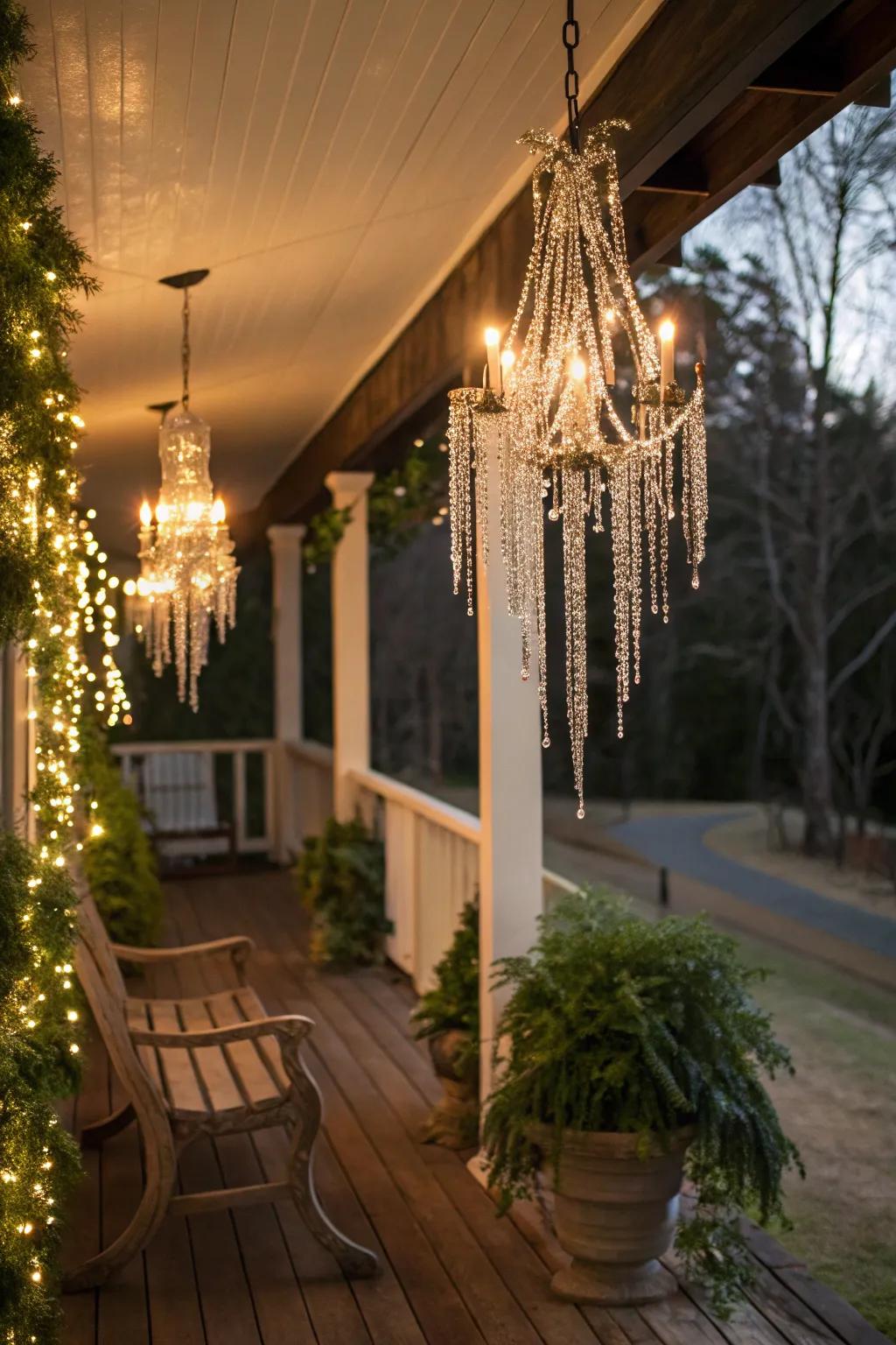 A creative chandelier of glimmer strands, adding elegance to any porch.