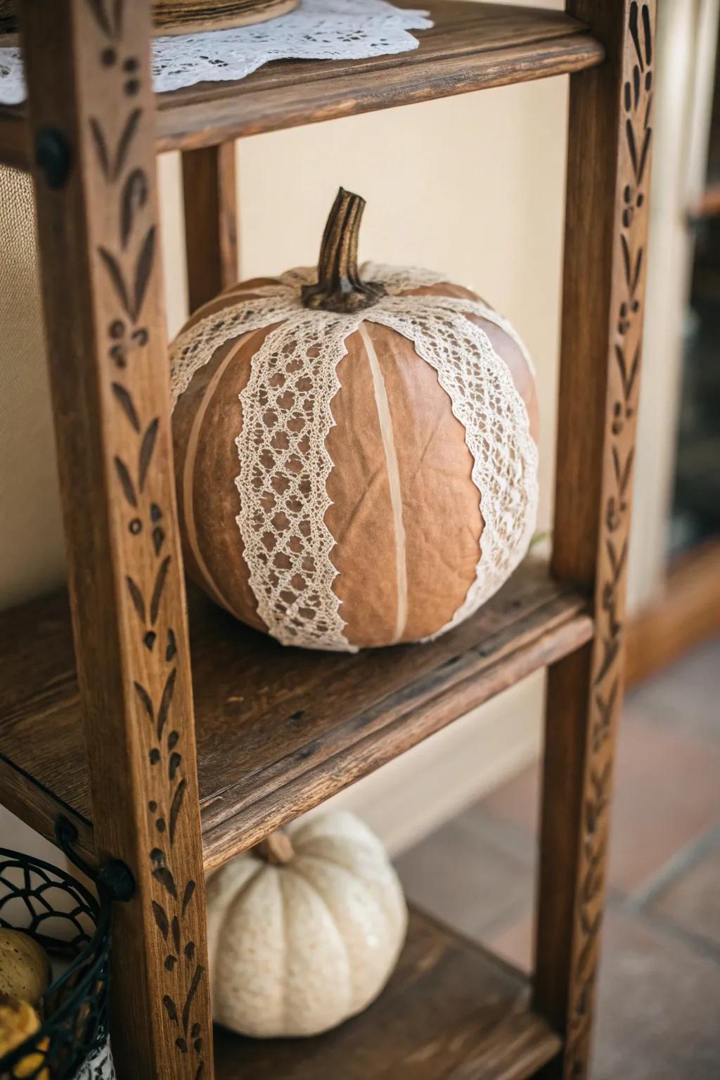 A lace-covered pumpkin that brings a sophisticated touch to any space.