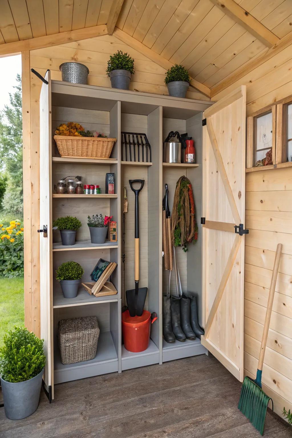 A structured shed keeps equipment ready and accessible.