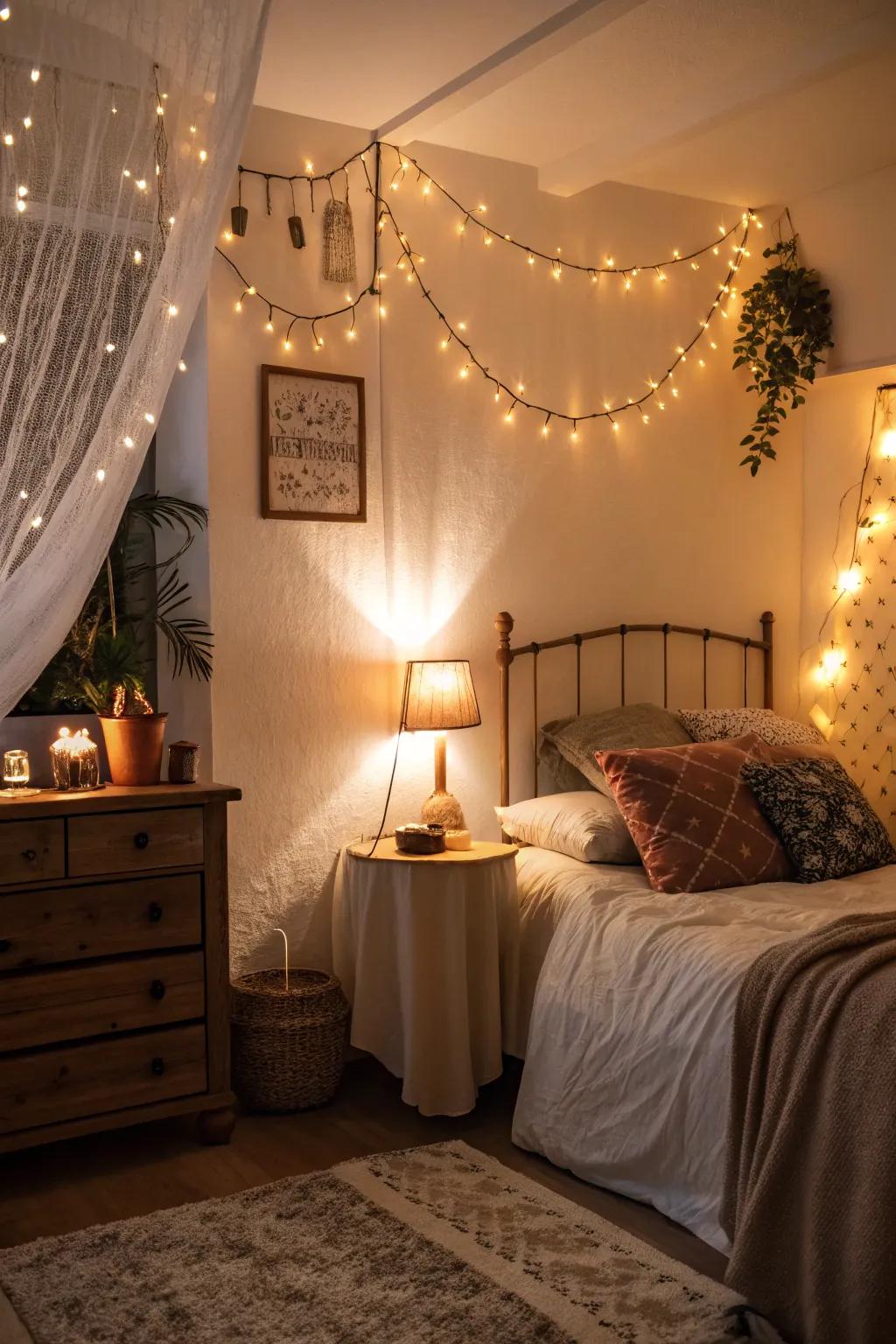 Cozy lighting alters the bedroom’s mood.