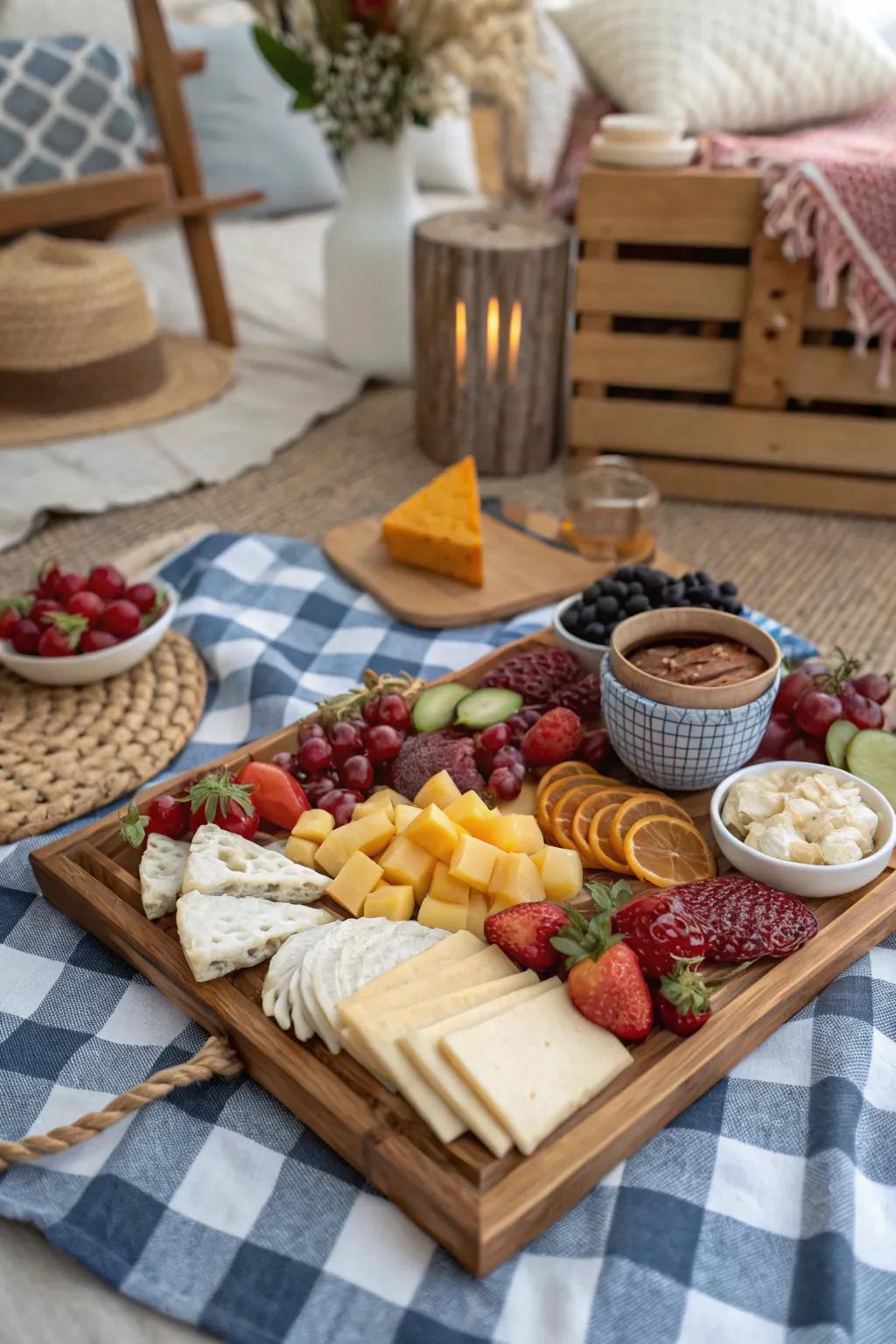 A stunning charcuterie board as the centerpiece of an indoor picnic.