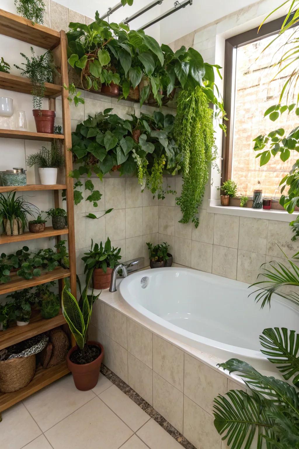 Design a tranquil restroom escape using greenery.