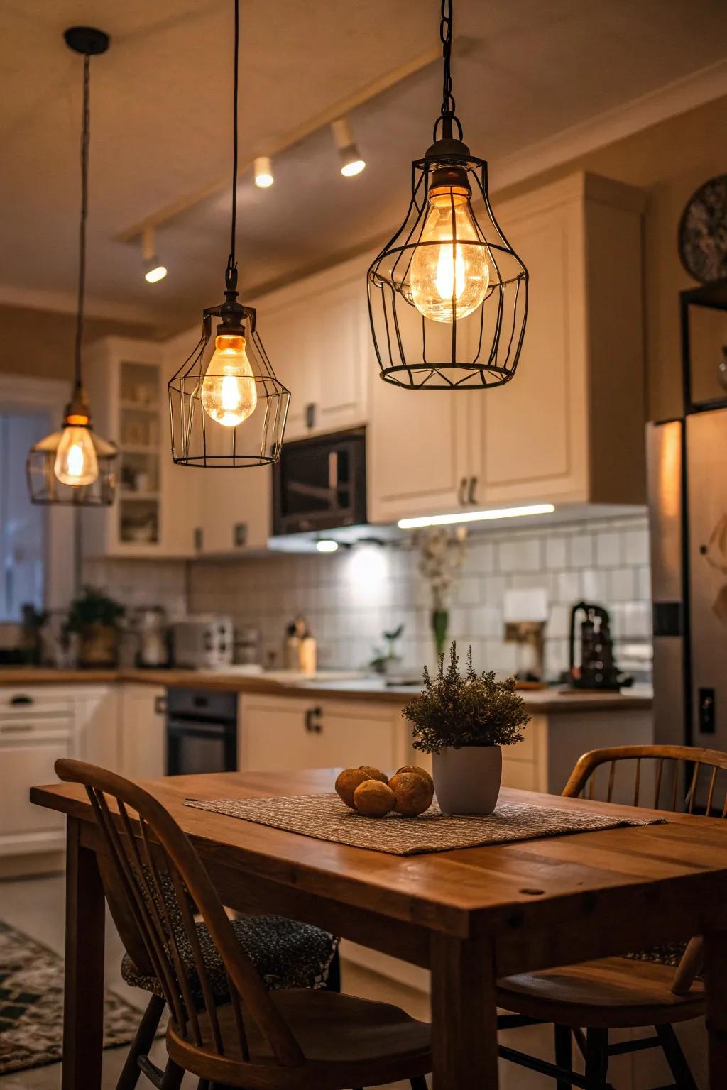 Practical lighting enhances warmth and coziness.