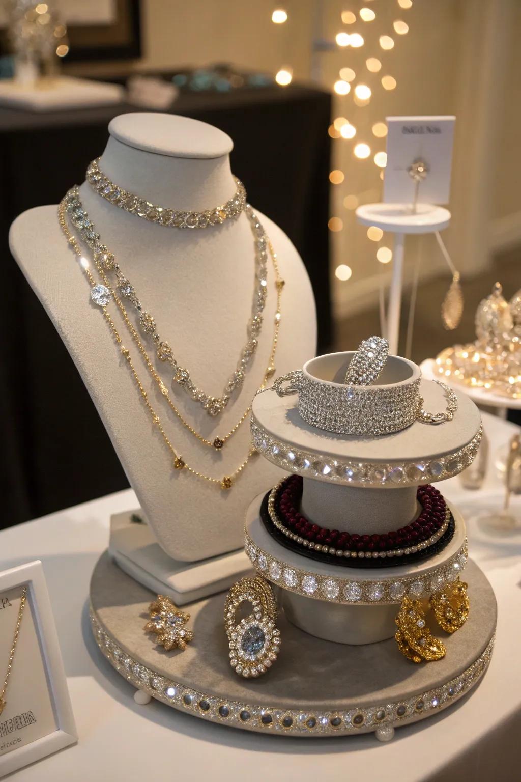 Cleverly arranged multi-tiered jewelry display
