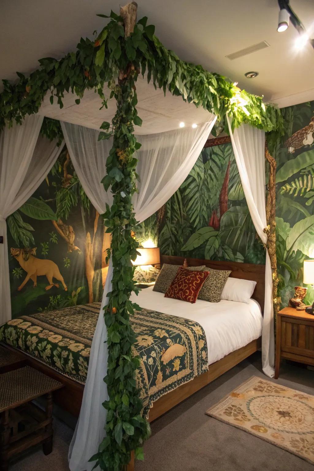Drapes establish a daring and cozy jungle campsite atmosphere.