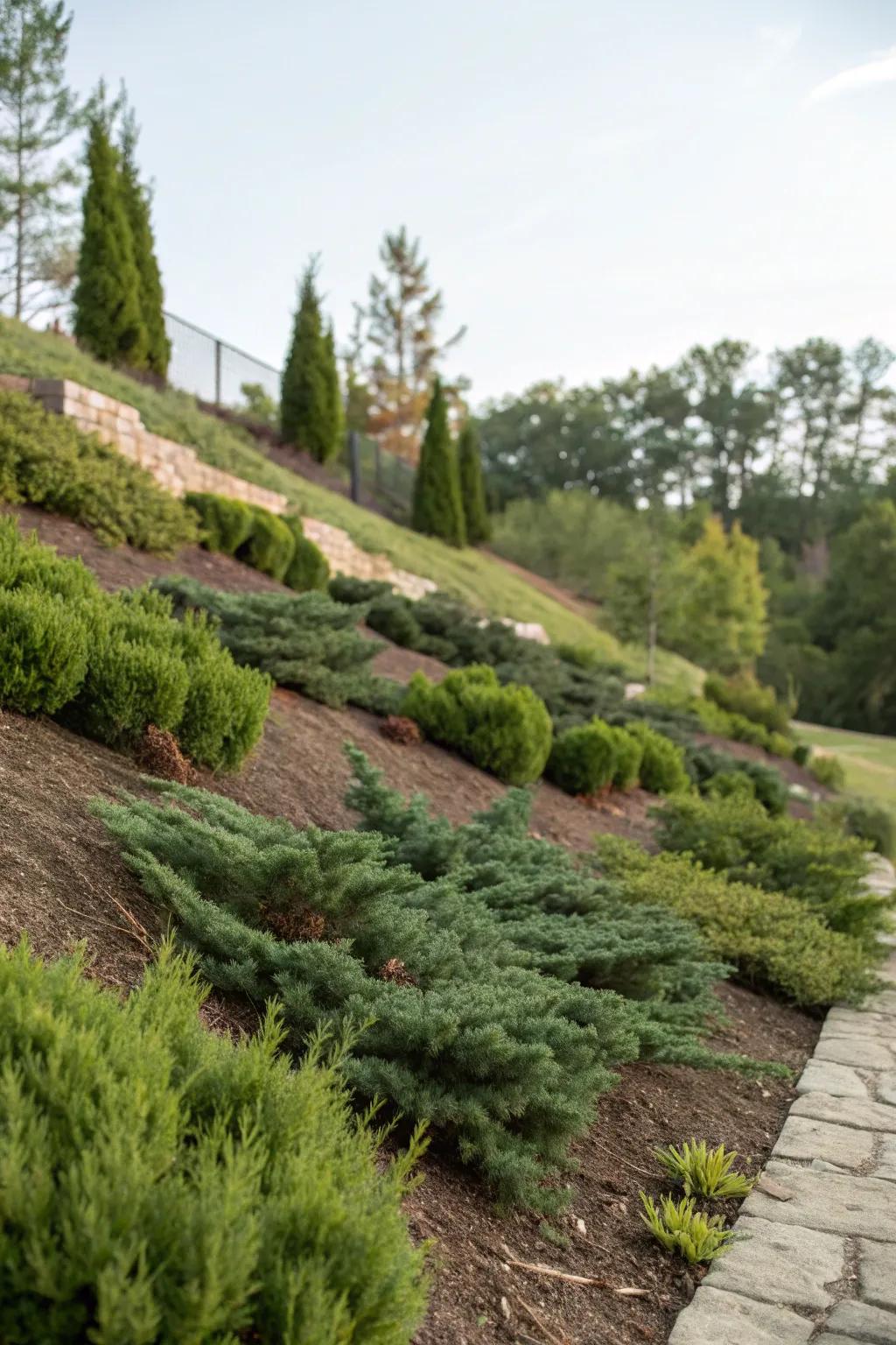 Low-growing evergreens as a lush solution for inclines