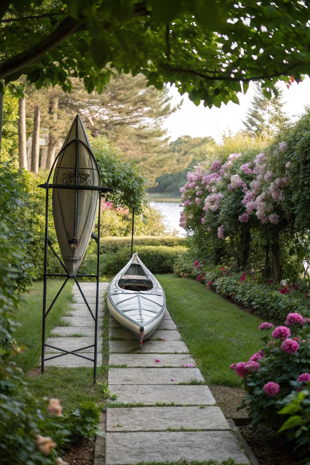 Durable metal stand supporting a canoe.
