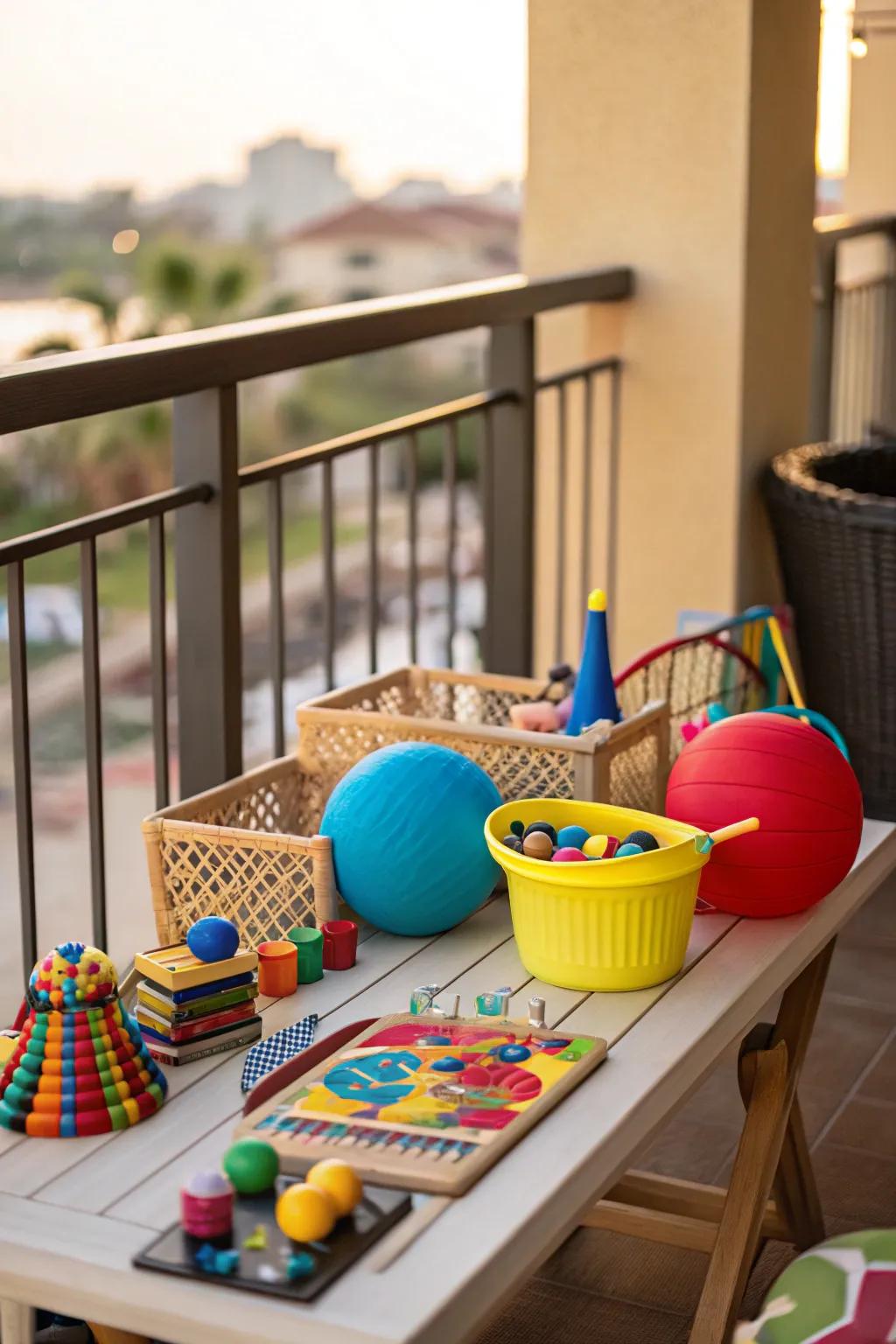 Outdoor toys transform the balcony into an engaging play zone.