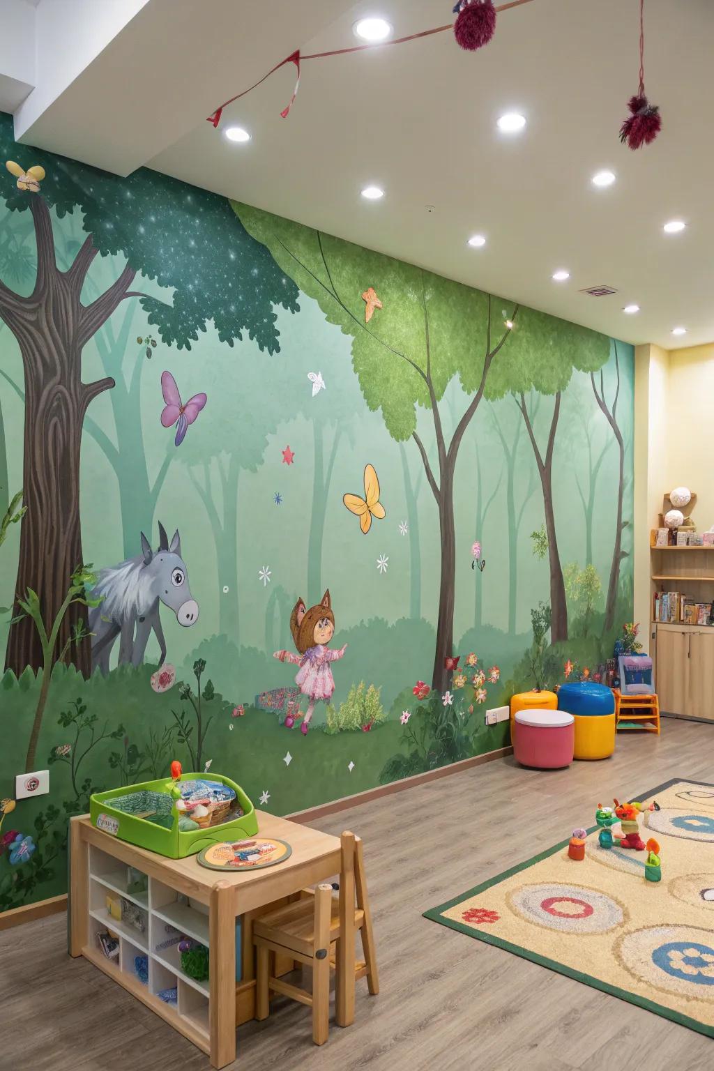A playroom changed into a magical woods using whimsical decor.