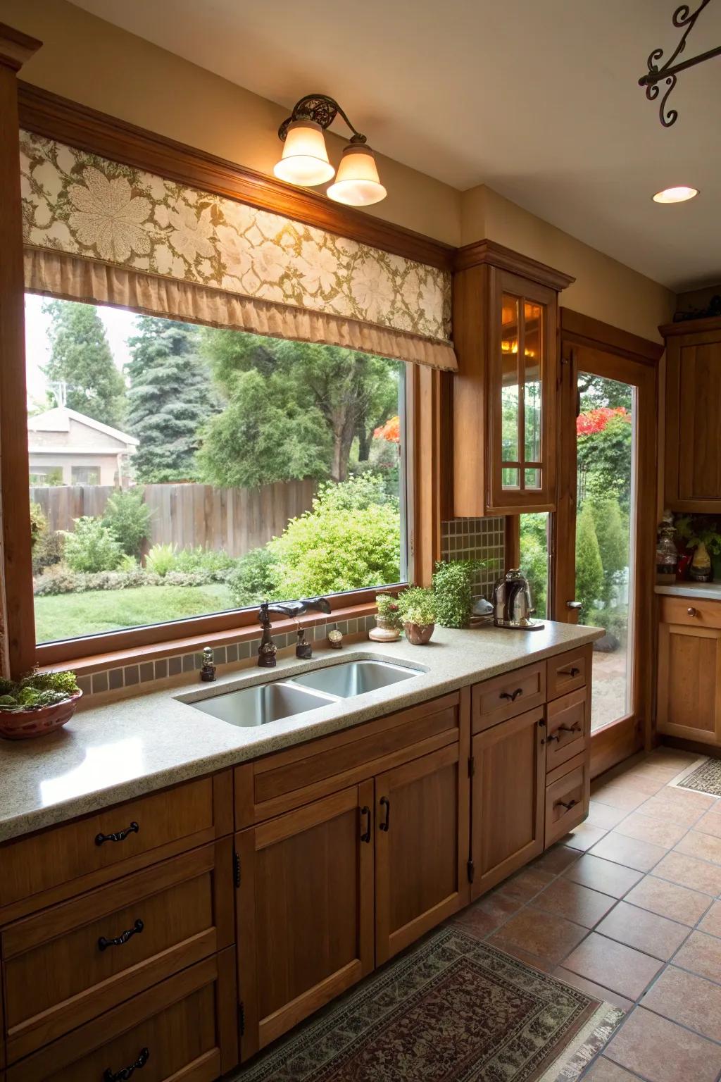 Awning windows over the sink allow fresh air and provide a pleasant view, enhancing the kitchen’s allure.