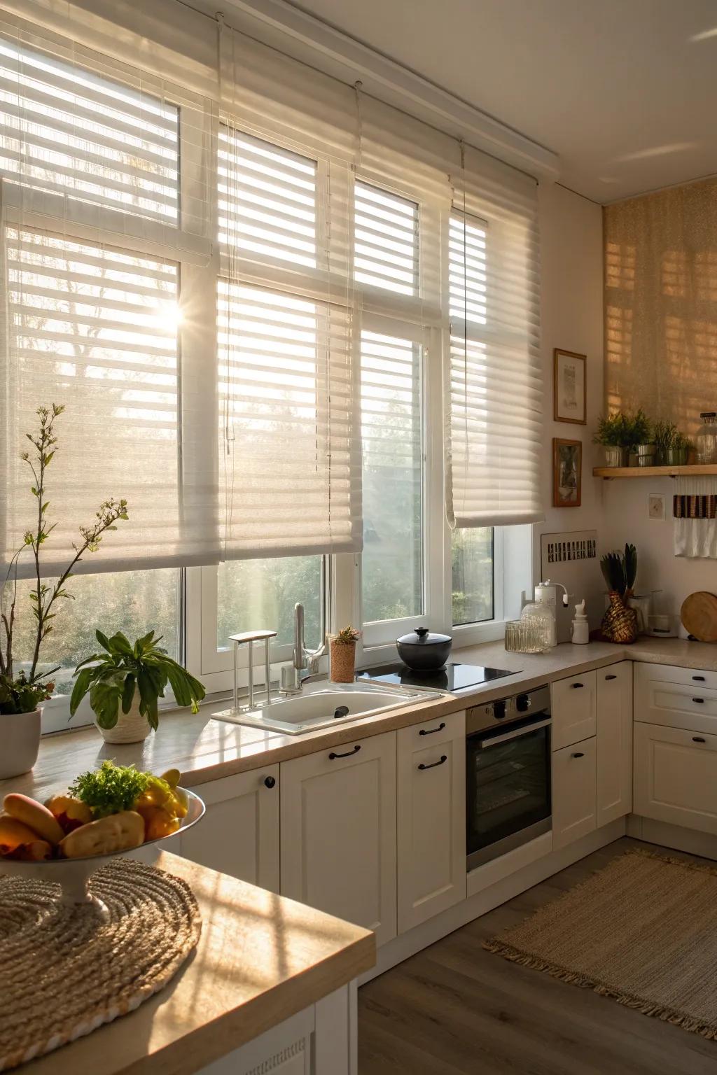 Bright kitchen featuring semi-sheer window treatments
