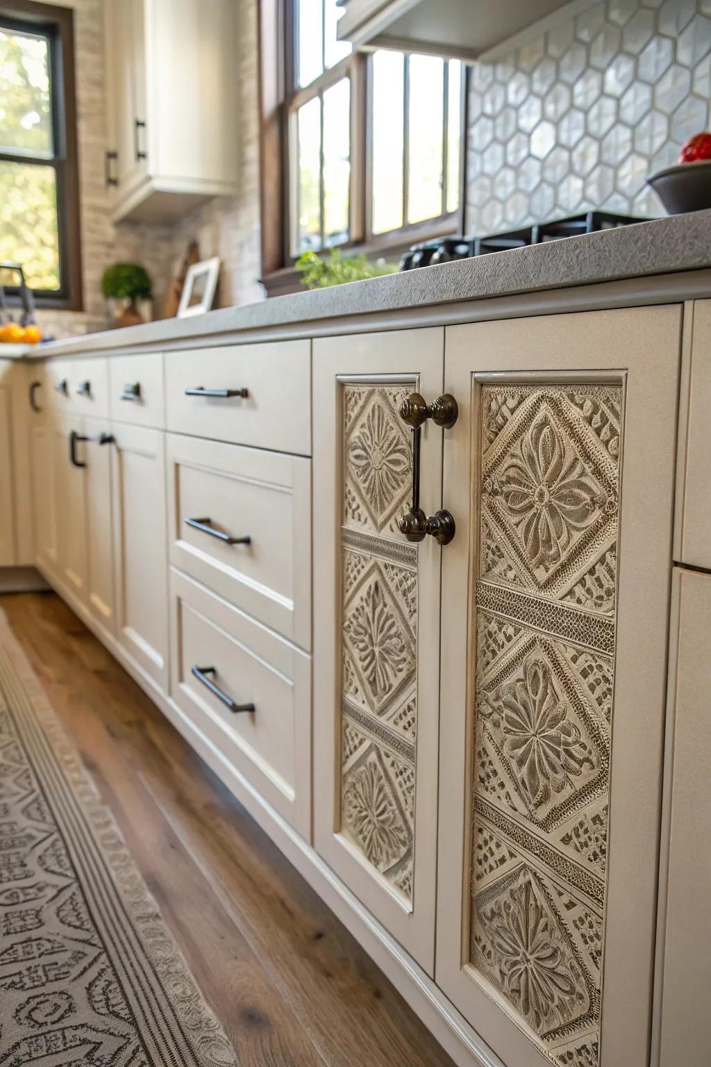 Textured hardware enriches cabinets with both tactile and visual interest.