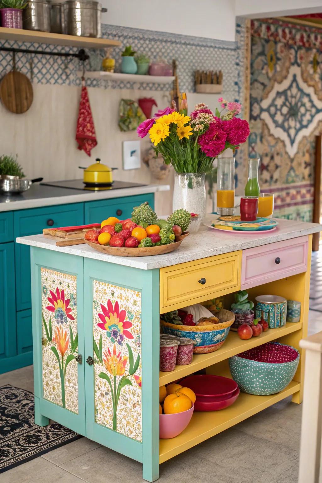 An audacious painted rear facade incorporates a burst of color and individuality into this cooking hub centerpiece.