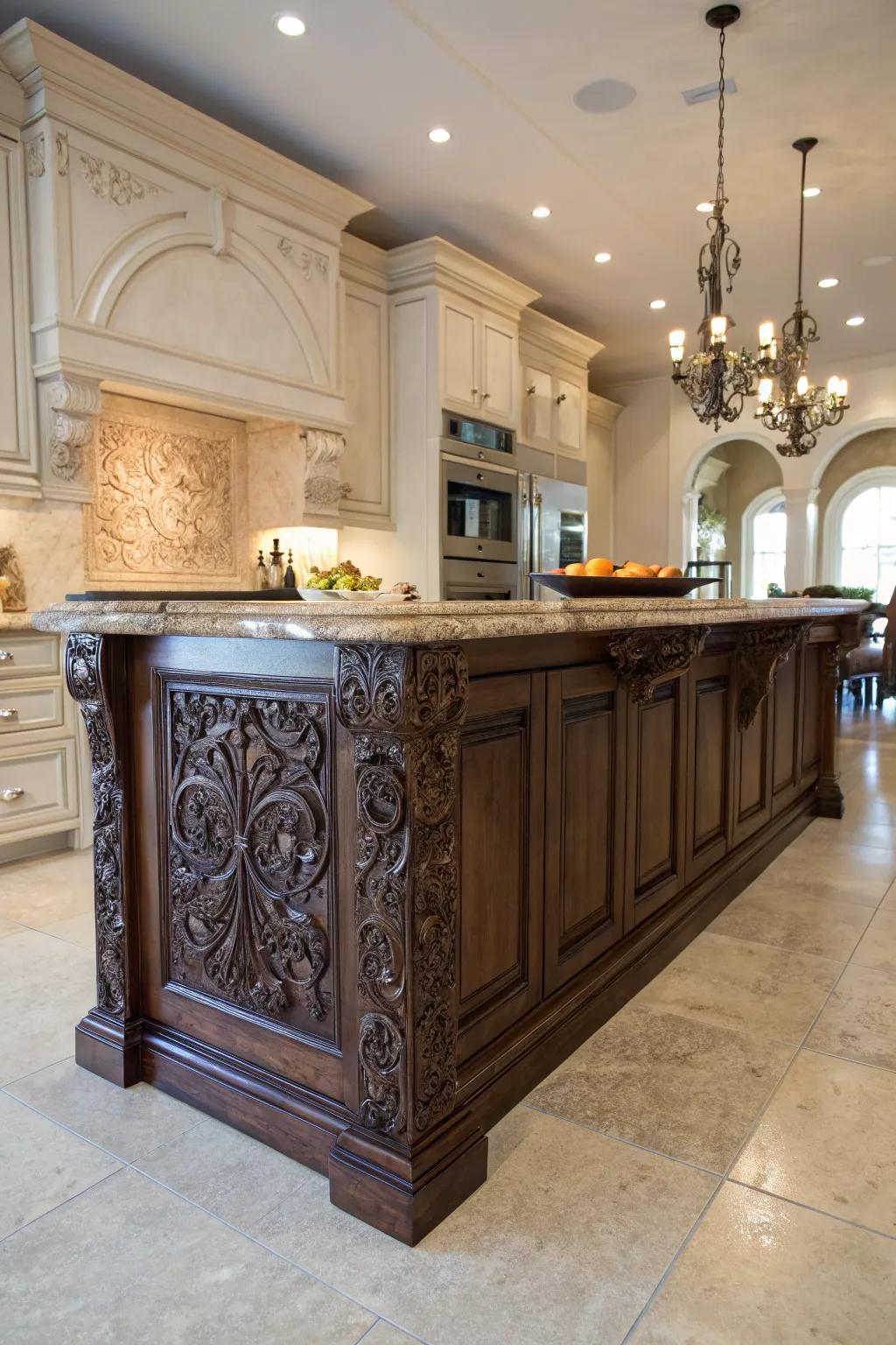 Elegant kitchen island enhanced with detailed frieze for a luxurious ambiance.