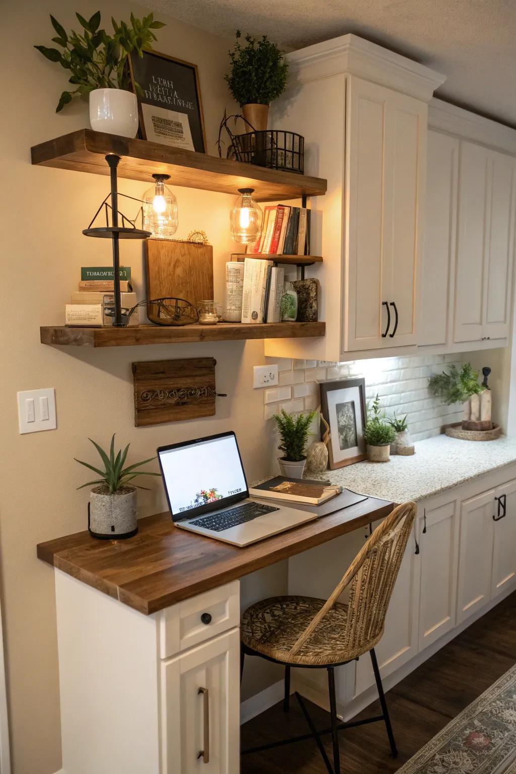 A simple floating shelf workspace in the kitchen.