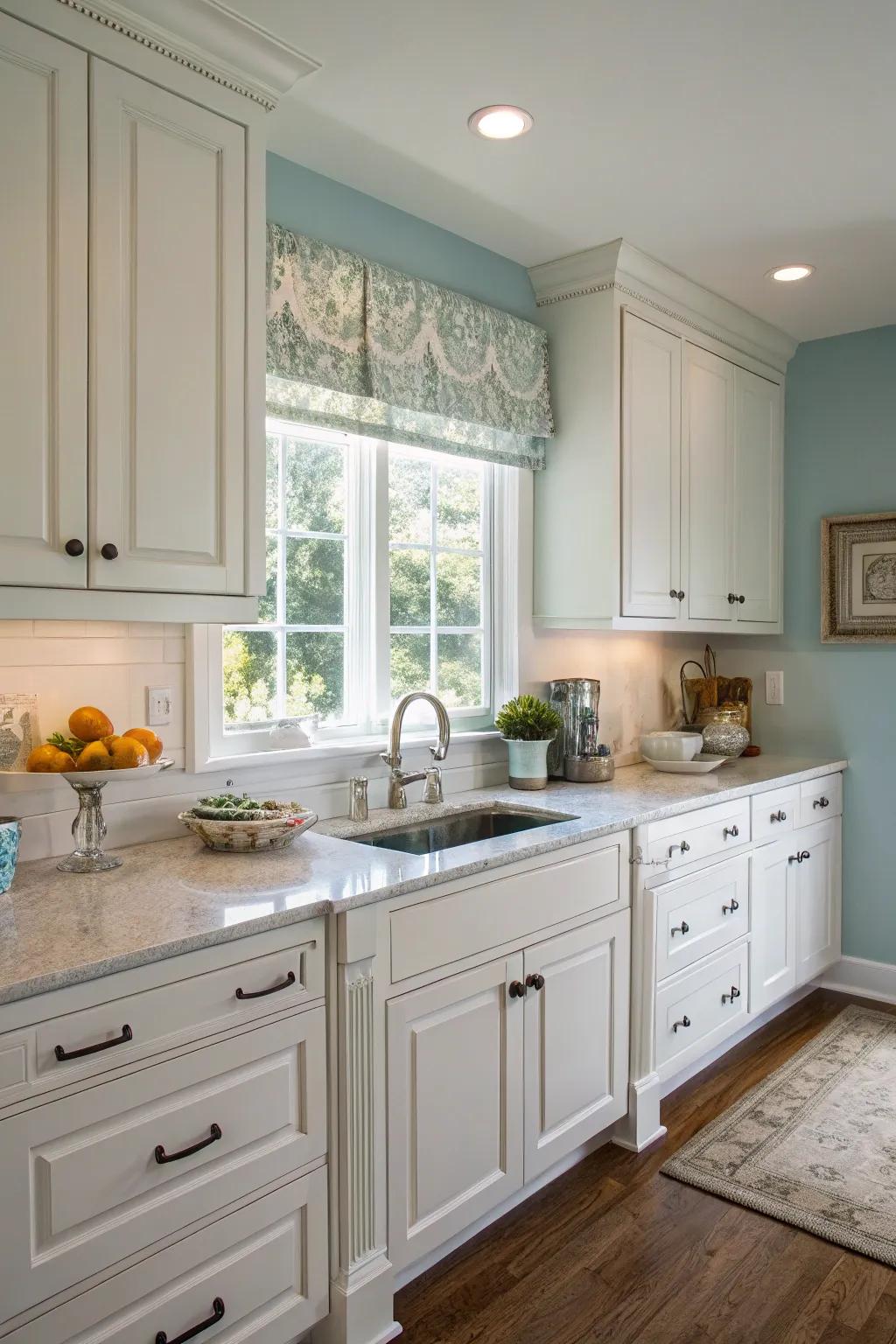 Light sky walls maintain a revitalizing and inviting cooking area atmosphere.