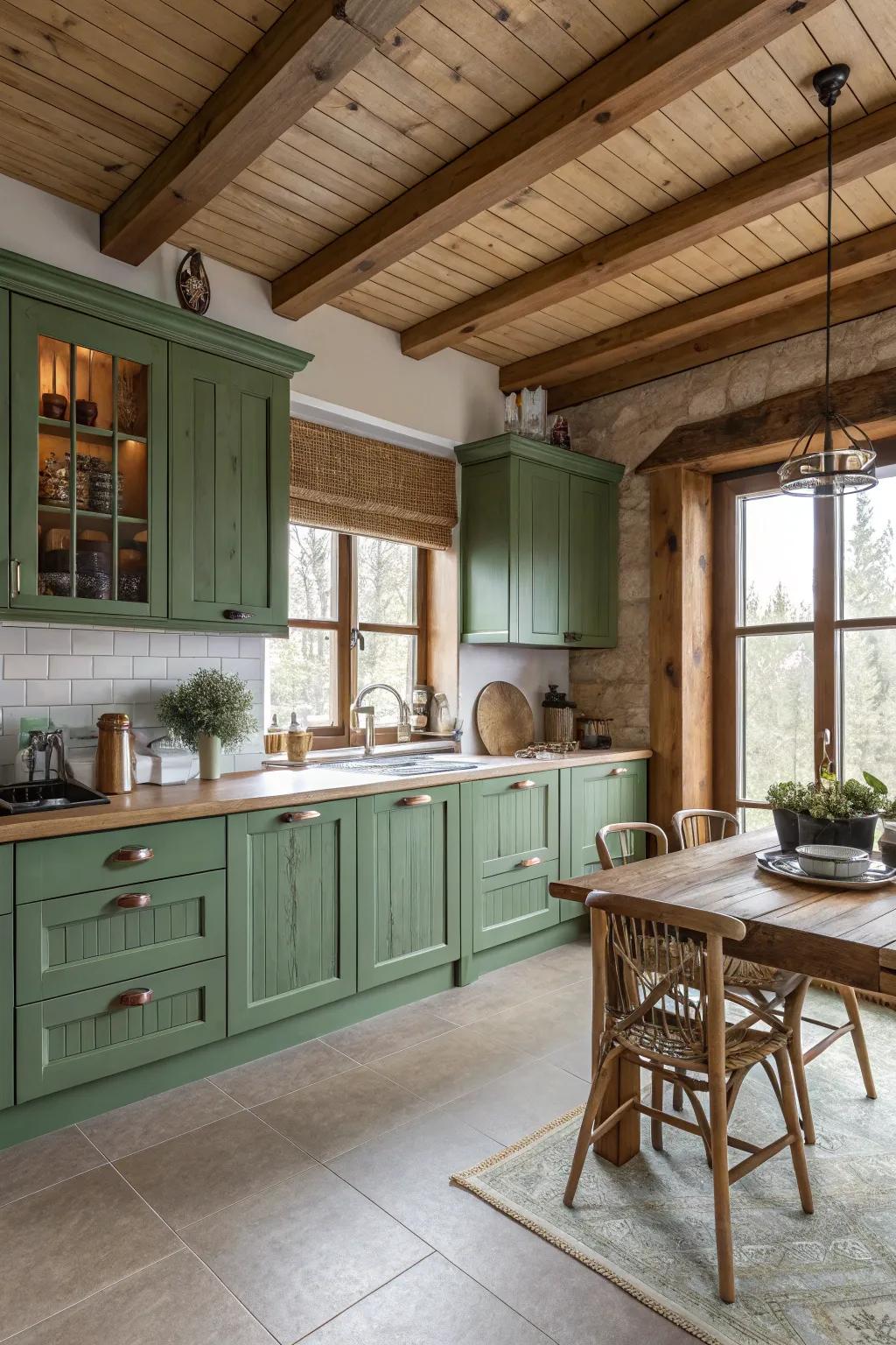 A peaceful kitchen incorporating green and wood features.