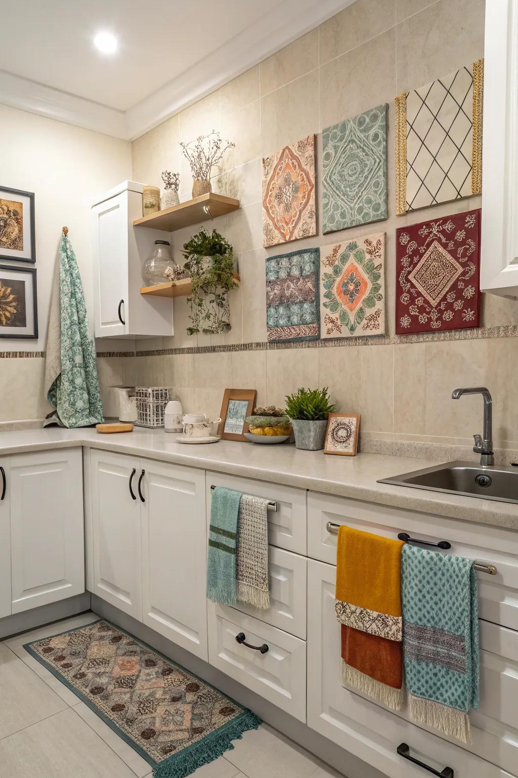 Create a uniform look by matching the color of cloths with the various components of the kitchen.