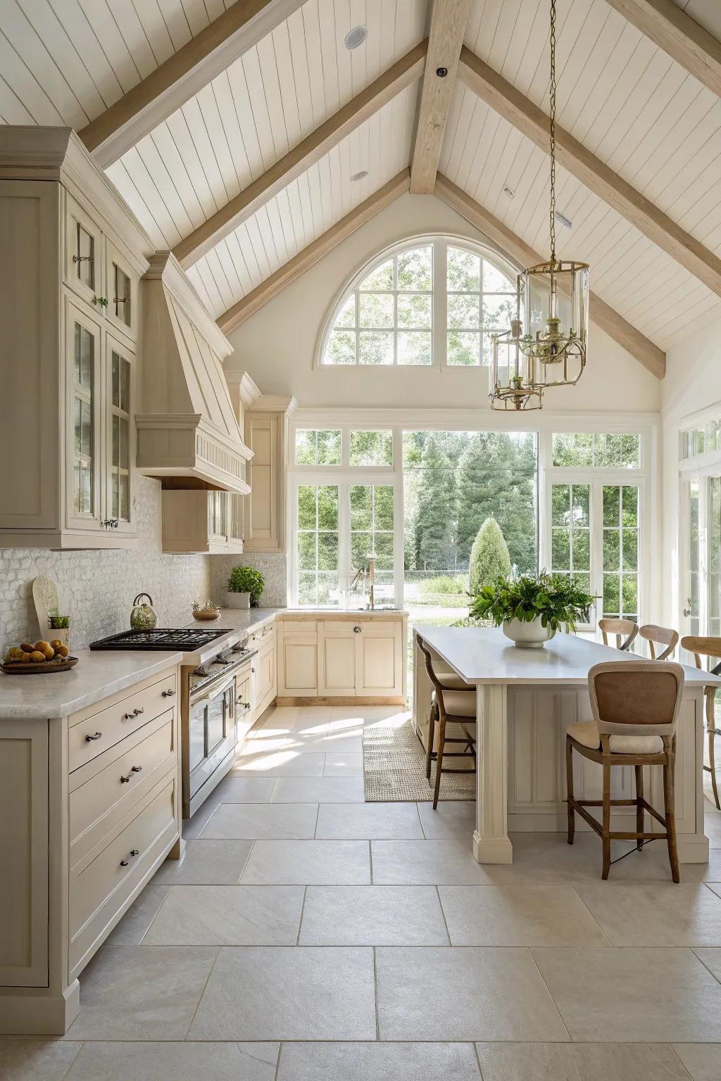 A neutral color palette adds calmness and enhances the space in this kitchen with a vaulted ceiling.