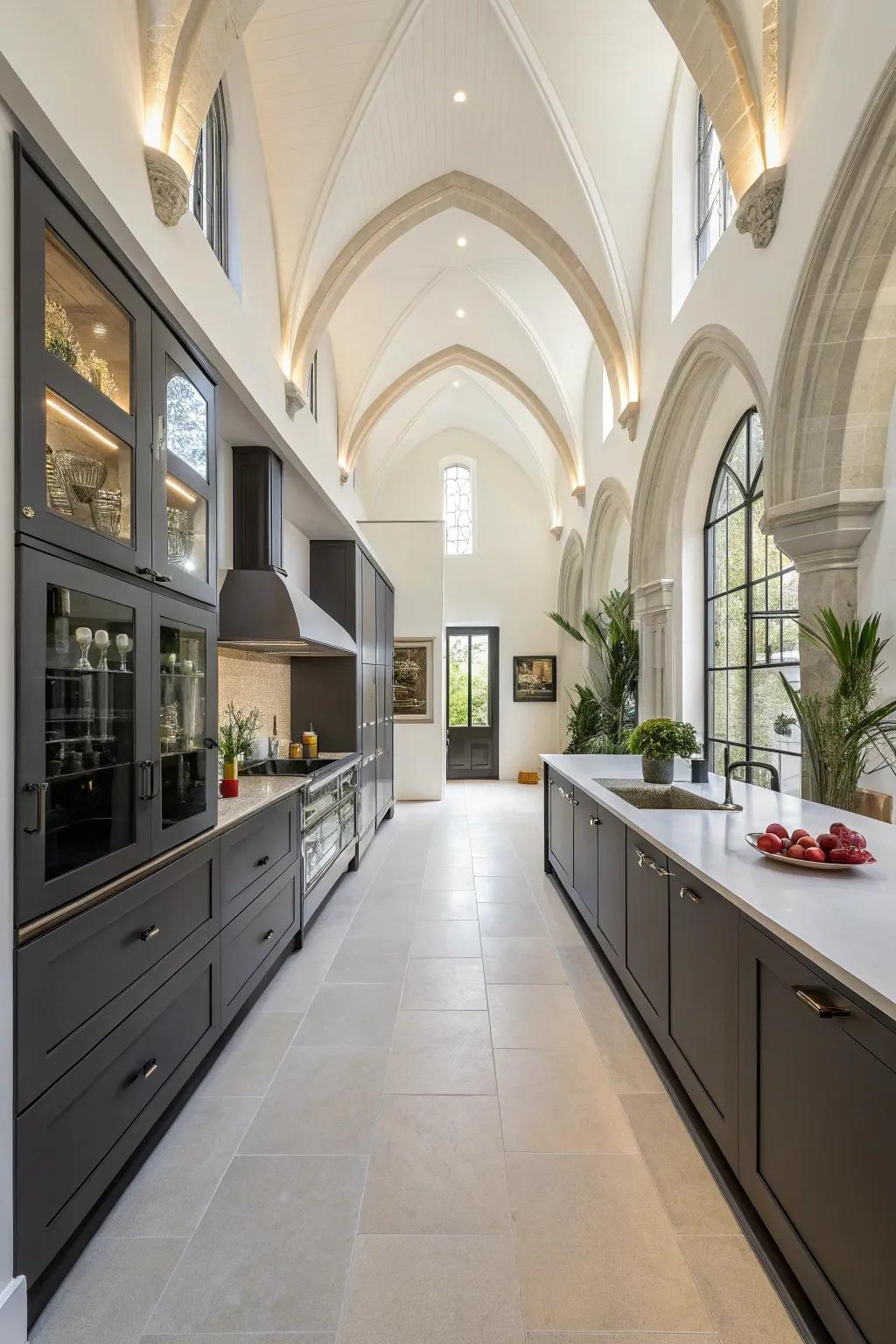 Long cupboards give storage and style to this peak ceiling kitchen.