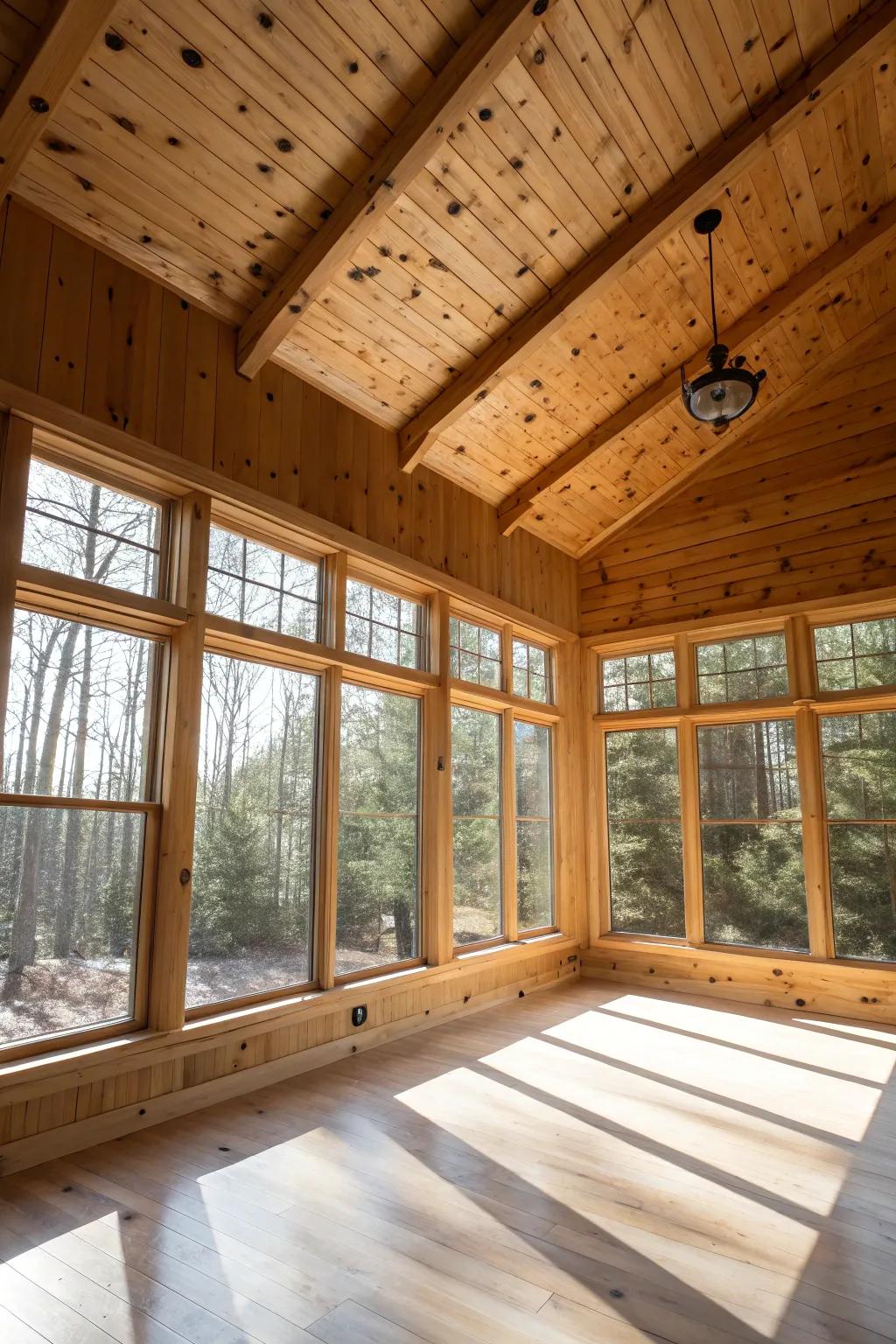 A luminous room where sunlight accentuates the warm tones of wood-clad.