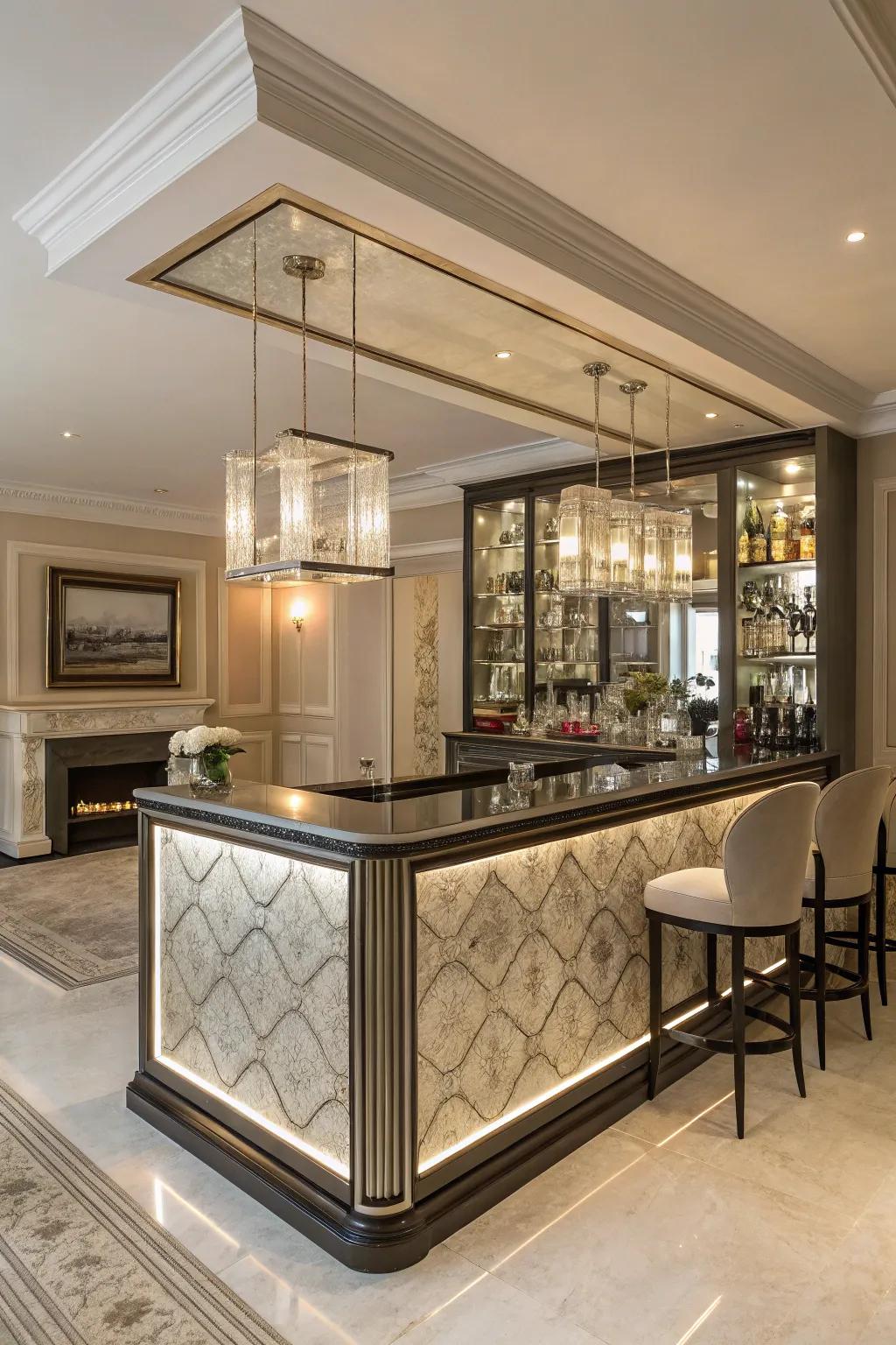 A mirrored backsplash adds glam to this sleek bar.
