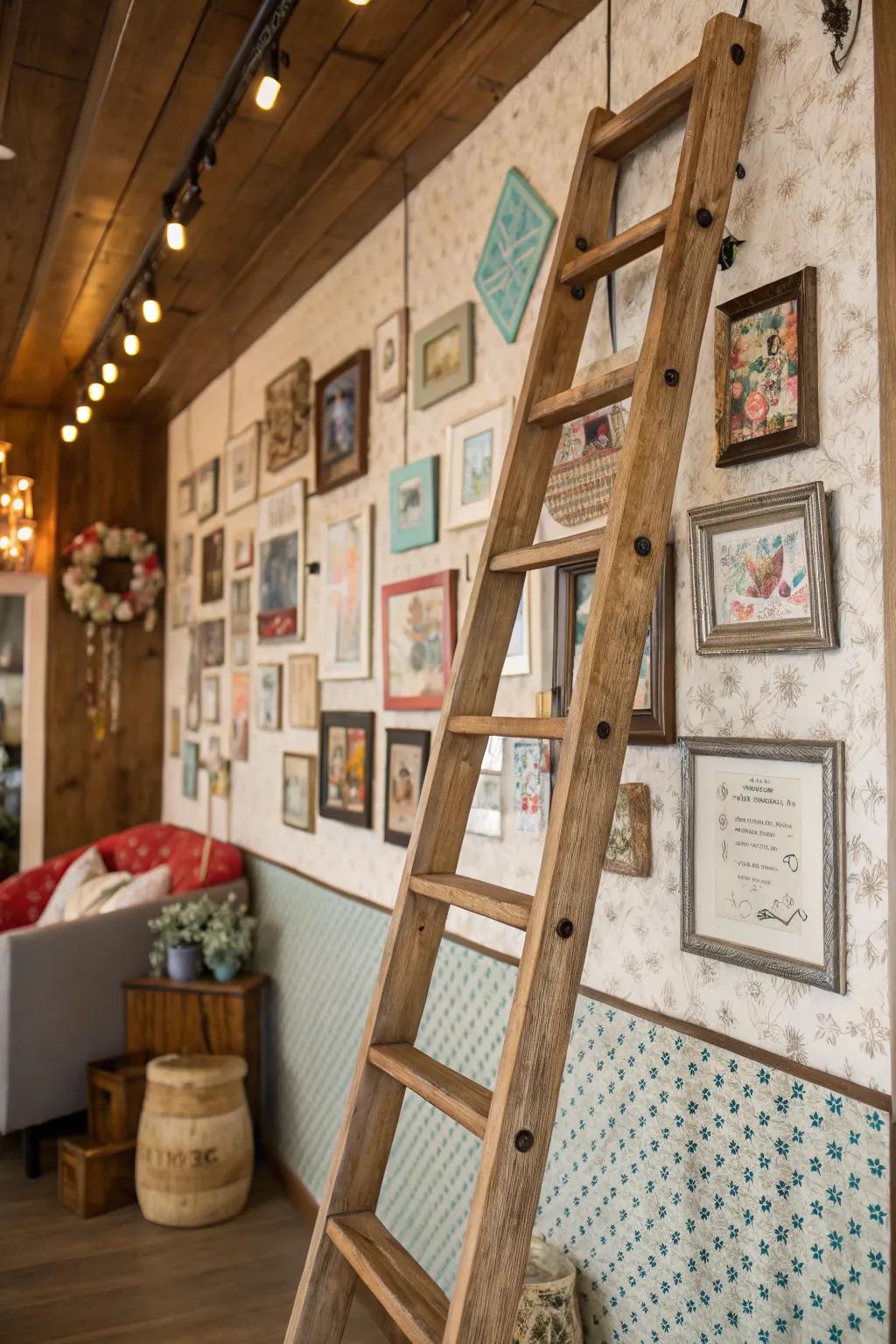 A ladder twinned with wall art establishes an artistic exhibition.