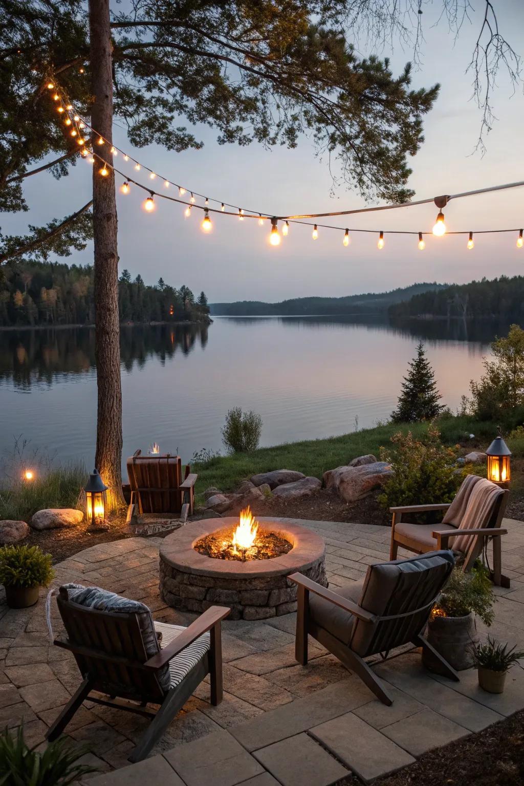 String lights provide a cozy, welcoming atmosphere around your fire pit.
