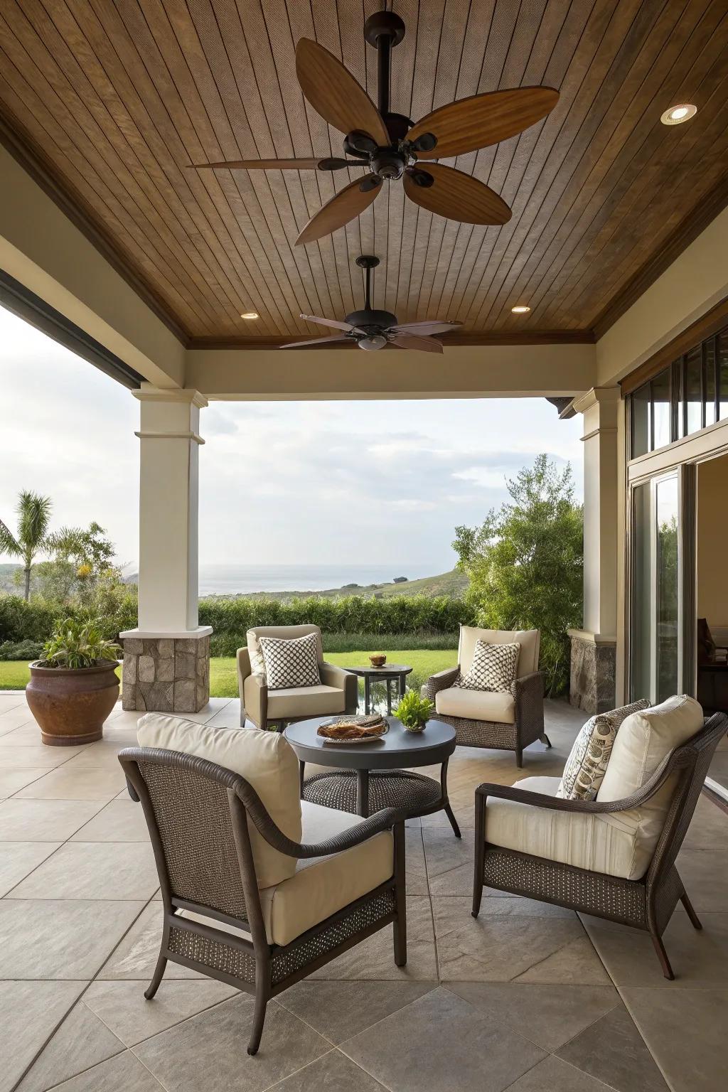 A ceiling fan adds comfort and style to the lanai.