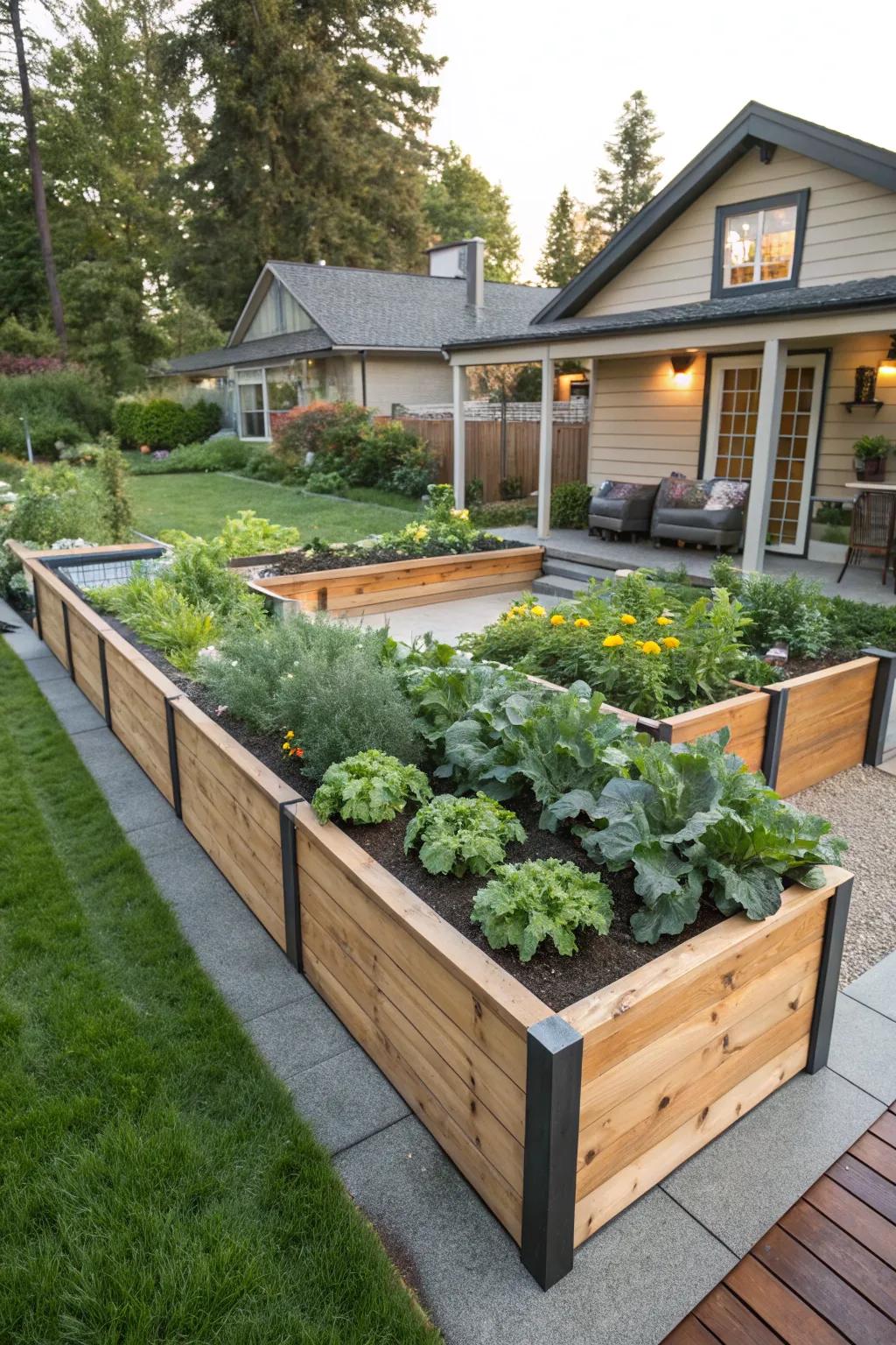 Wooden plank edging introduces a contemporary twist to your garden.