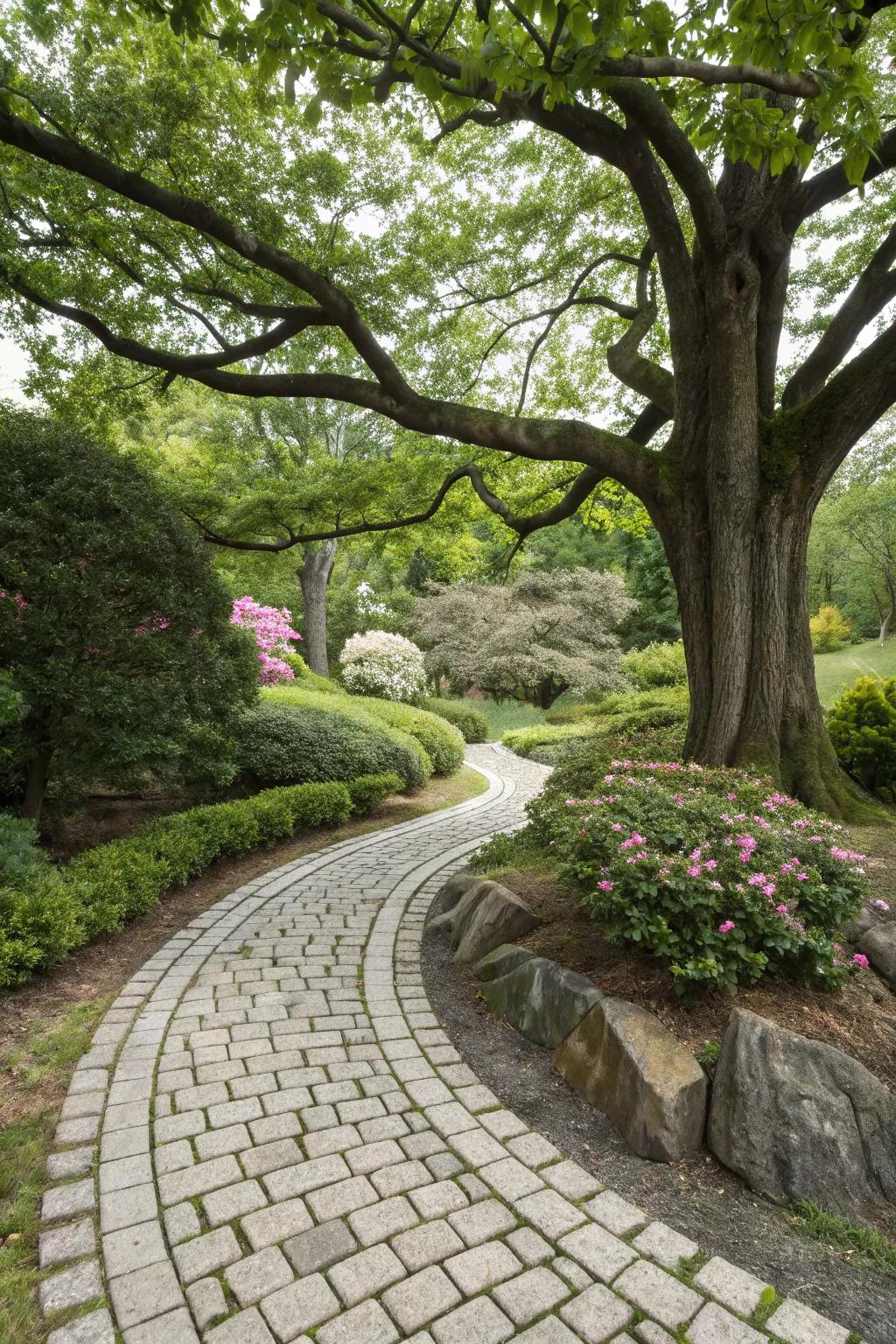 Flat stones offer a chic, functional perimeter around trees.