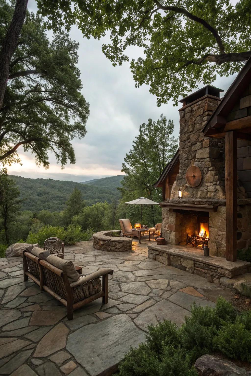 An inviting outdoor living zone with a fire pit.