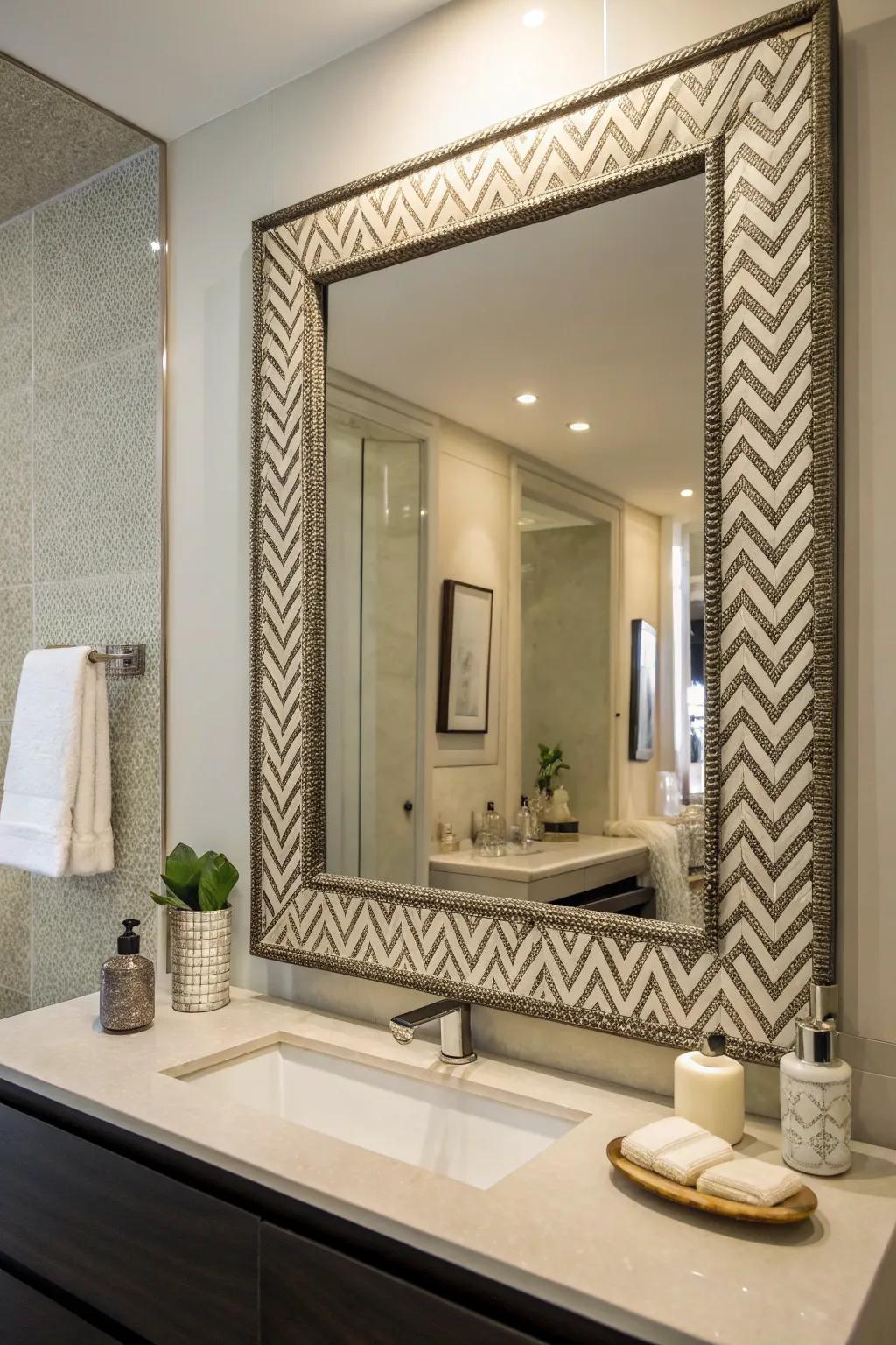 Diagonal patterns impart geometric sophistication to bathroom mirrors.