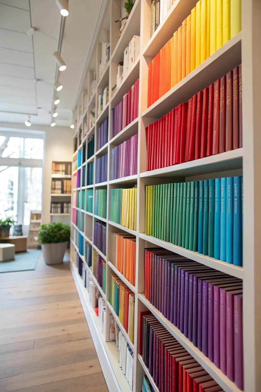 Books arranged by color transform this bookshelf into a compelling visual announcement.